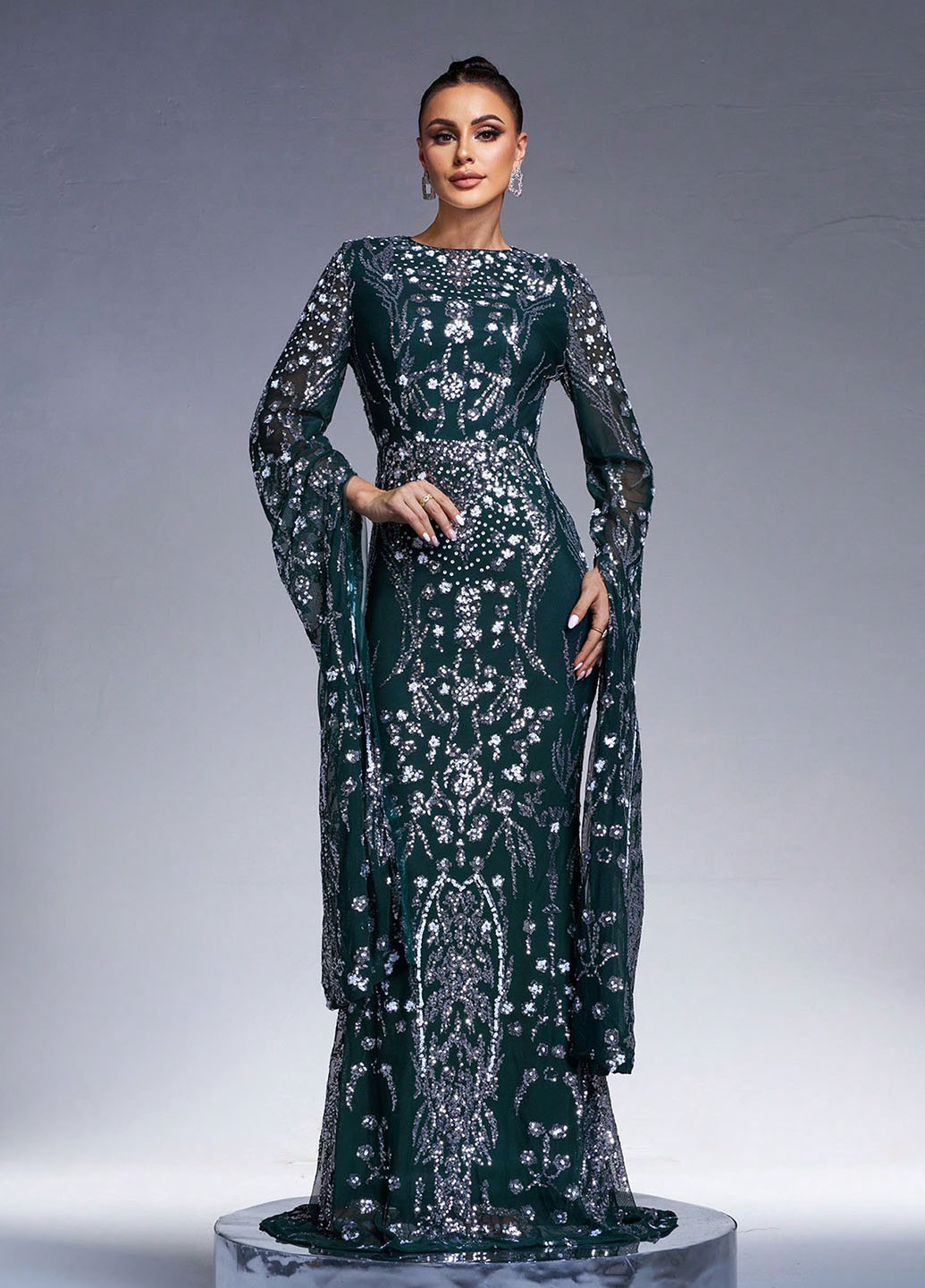 Пляшкова зелена вечірня сукня годе, зі шлейфом SHEIN з малюнком