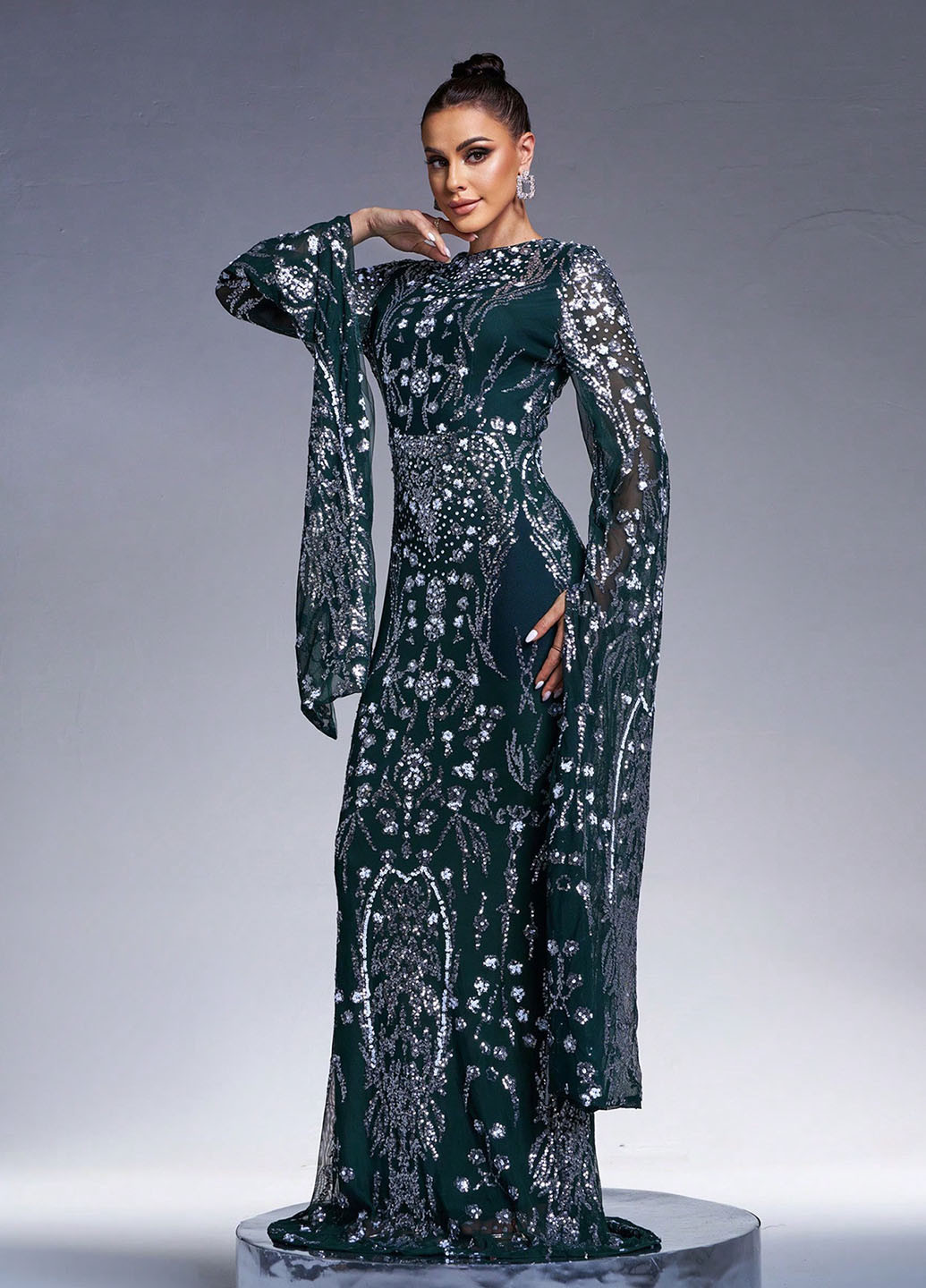 Пляшкова зелена вечірня сукня годе, зі шлейфом SHEIN з малюнком