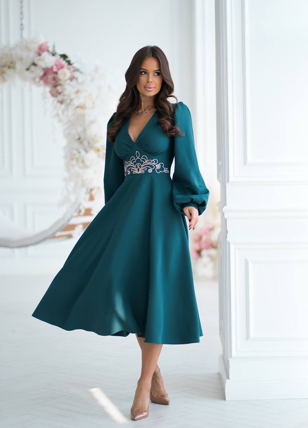 Смарагдова святковий, вечірня, кежуал сукня кльош No Brand однотонна