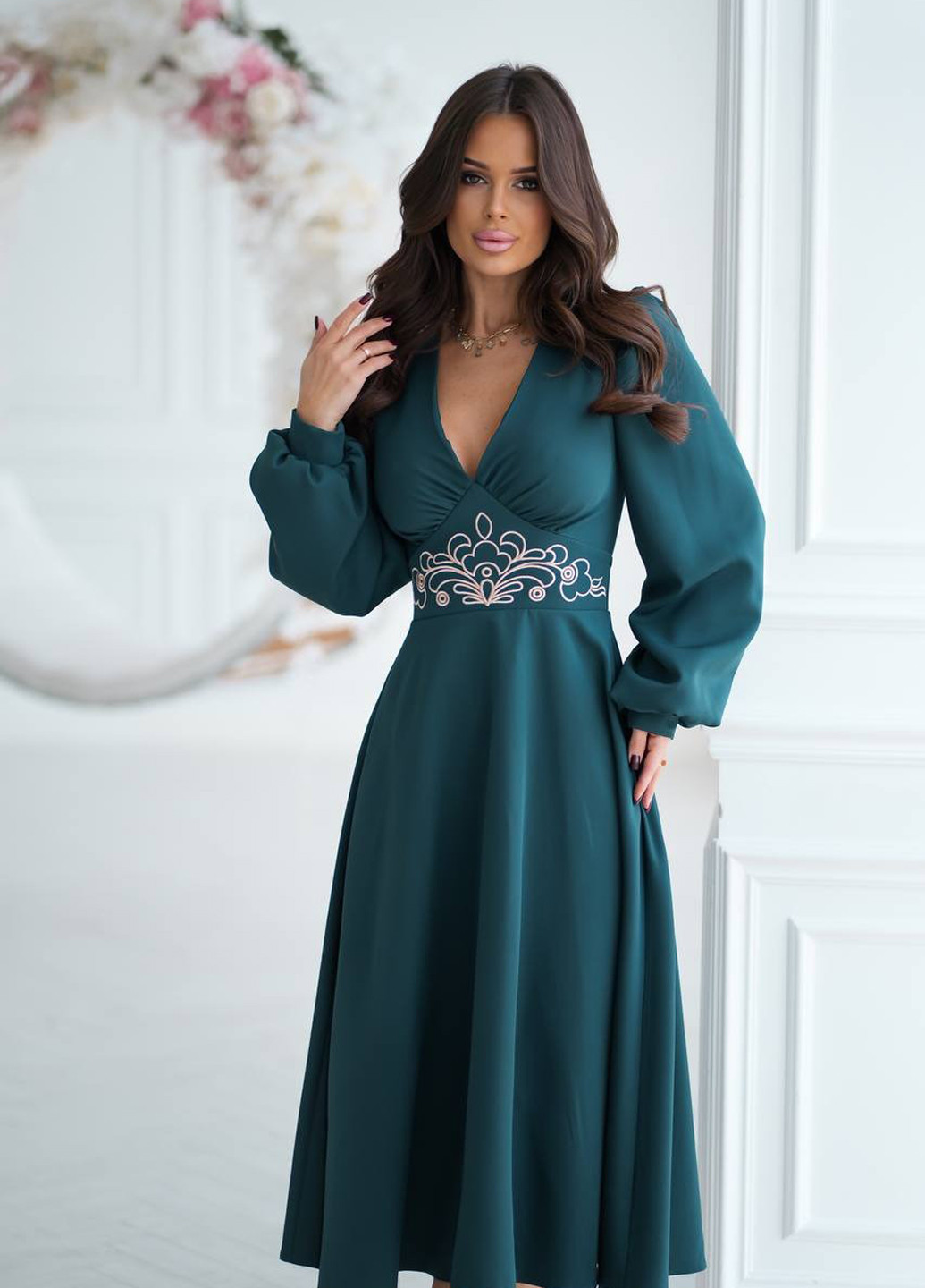 Смарагдова святковий, вечірня, кежуал сукня кльош No Brand однотонна