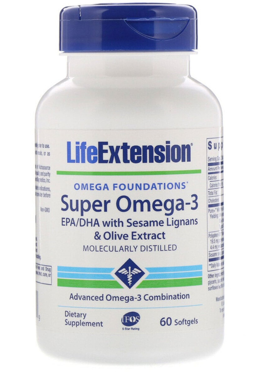 Супер Омега-3, Omega Foundations, Super Omega-3,, 60 Желатинових Капсул Life Extension (228292001)