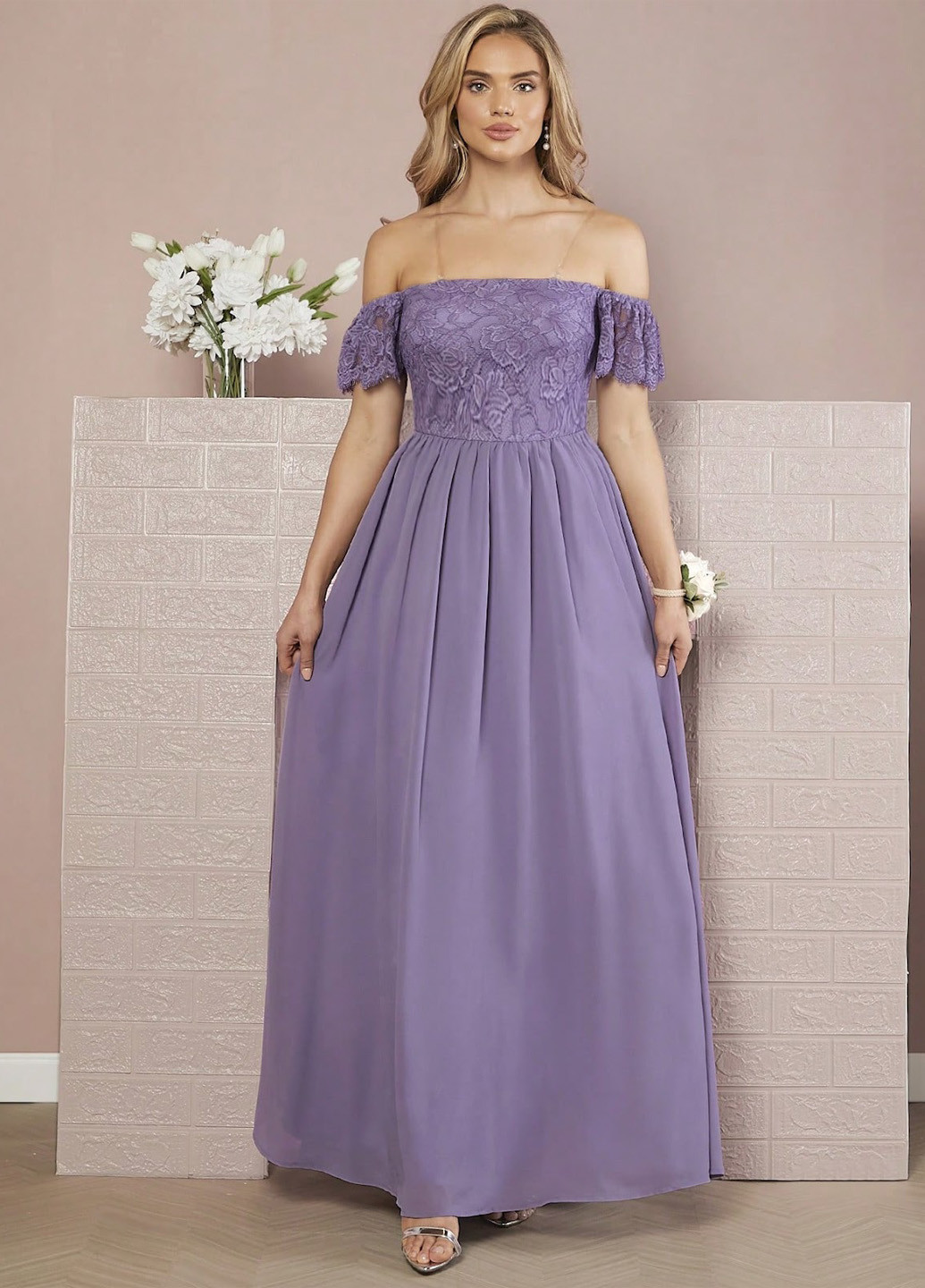 Сиреневое вечернее платье с открытыми плечами, клеш SHEIN однотонное