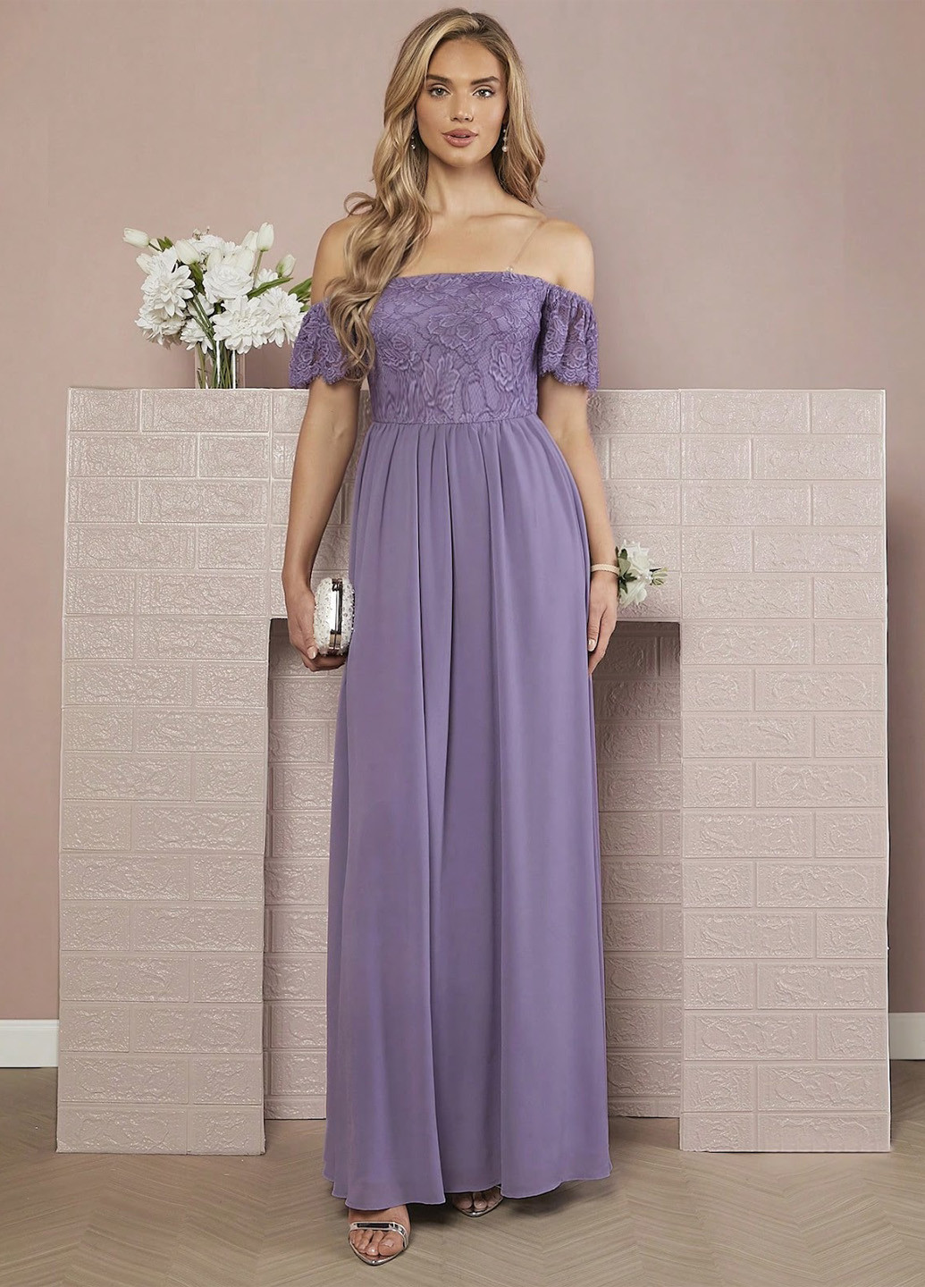 Сиреневое вечернее платье с открытыми плечами, клеш SHEIN однотонное