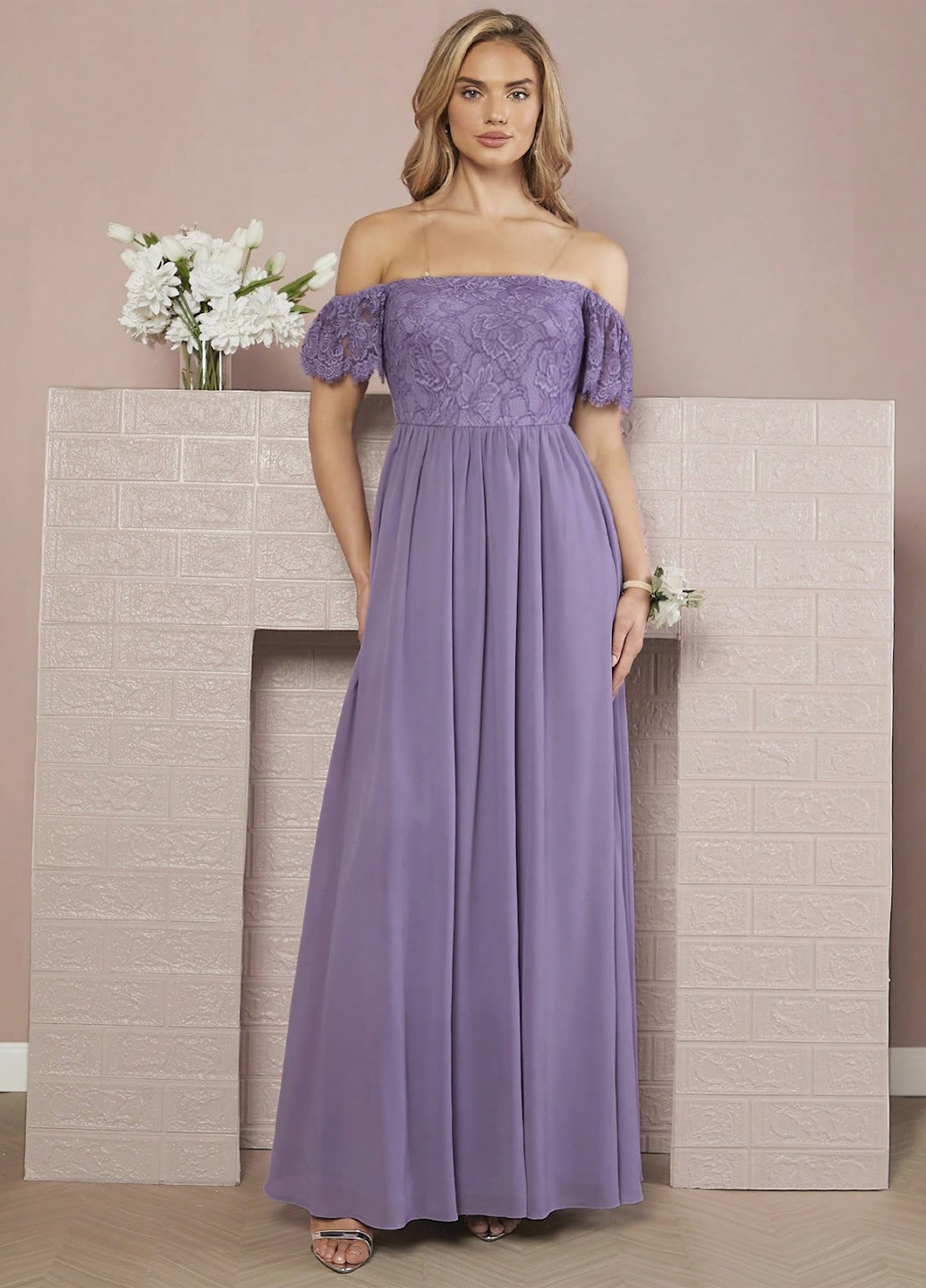 Сиреневое вечернее платье с открытыми плечами, клеш SHEIN однотонное