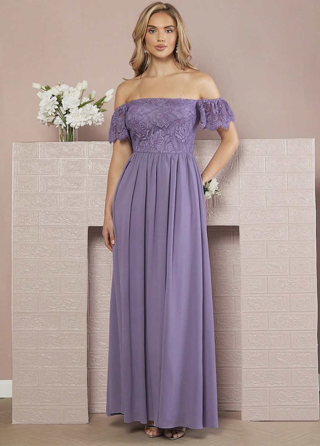 Сиреневое вечернее платье с открытыми плечами, клеш SHEIN однотонное