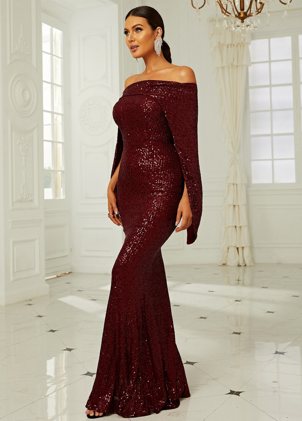 Темно-бордова вечірня сукня сукня-кейп, з відкритими плечима SHEIN однотонна