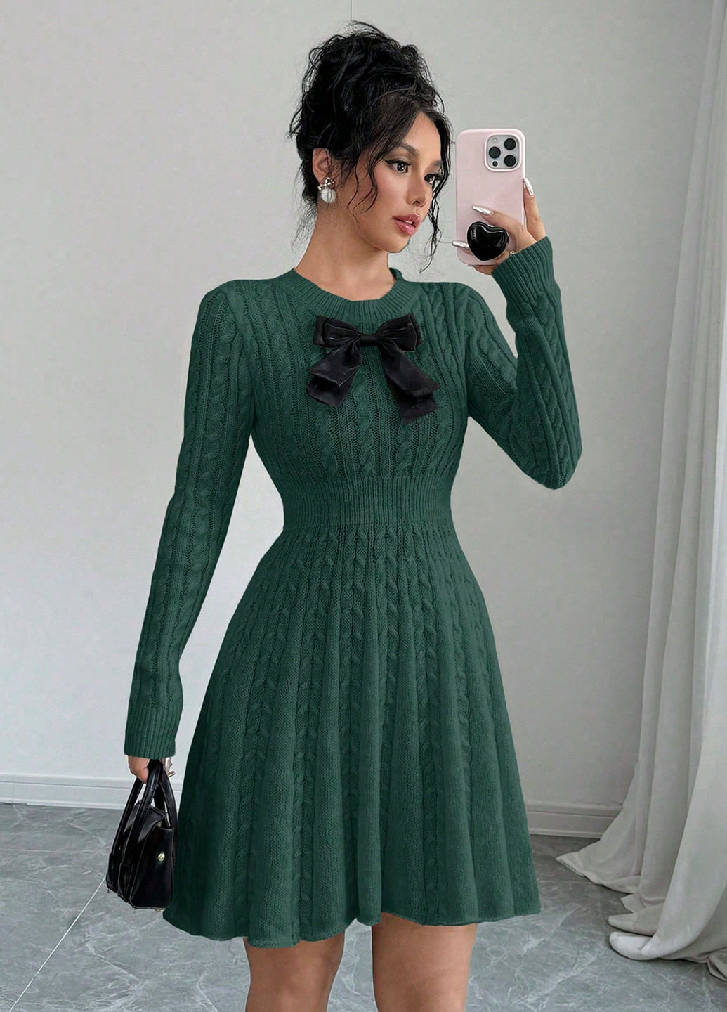 Темно-зеленое праздничный, вечернее, кэжуал платье клеш, а-силуэт, платье-свитер SHEIN однотонное