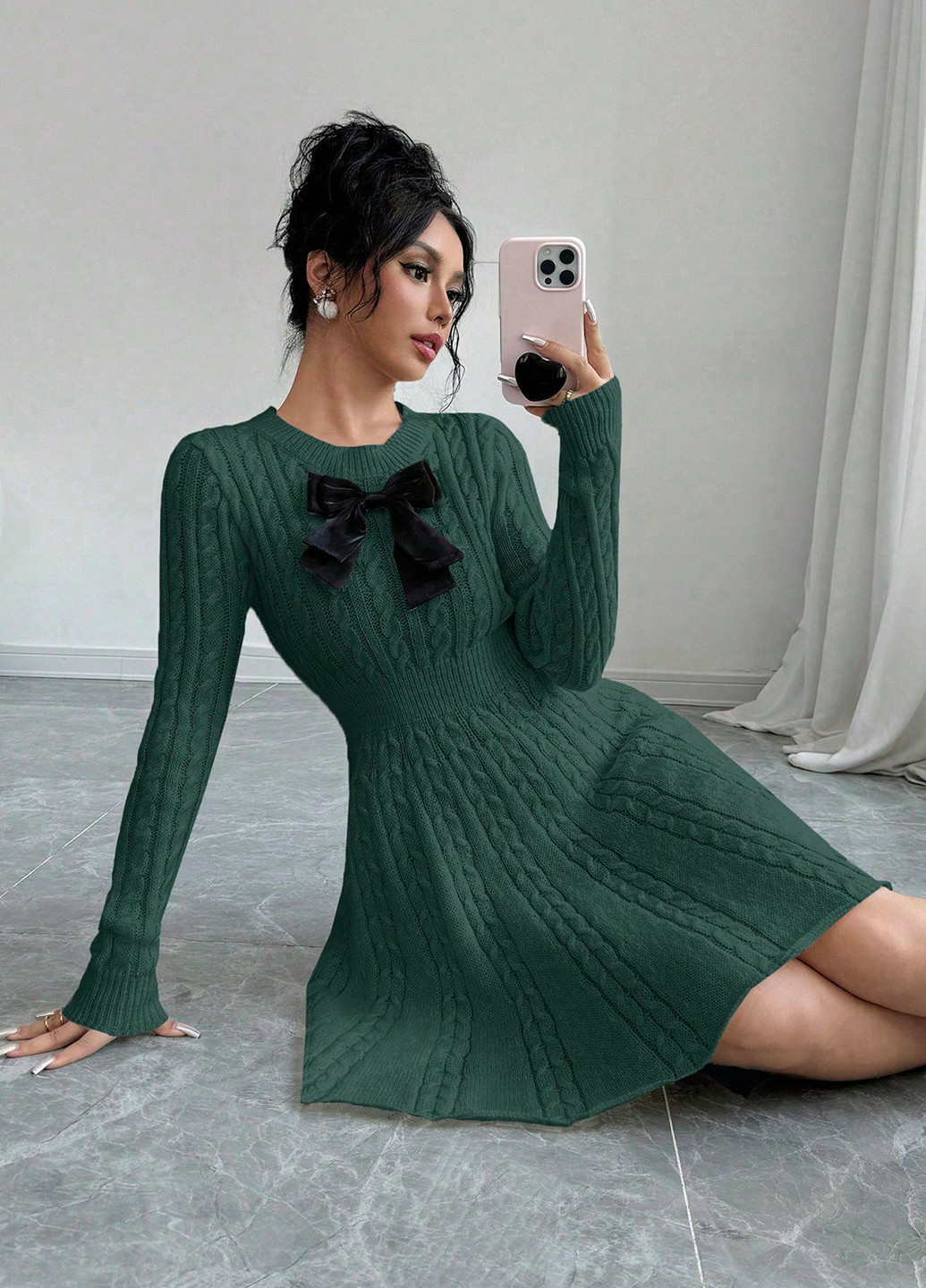 Темно-зеленое праздничный, вечернее, кэжуал платье клеш, а-силуэт, платье-свитер SHEIN однотонное