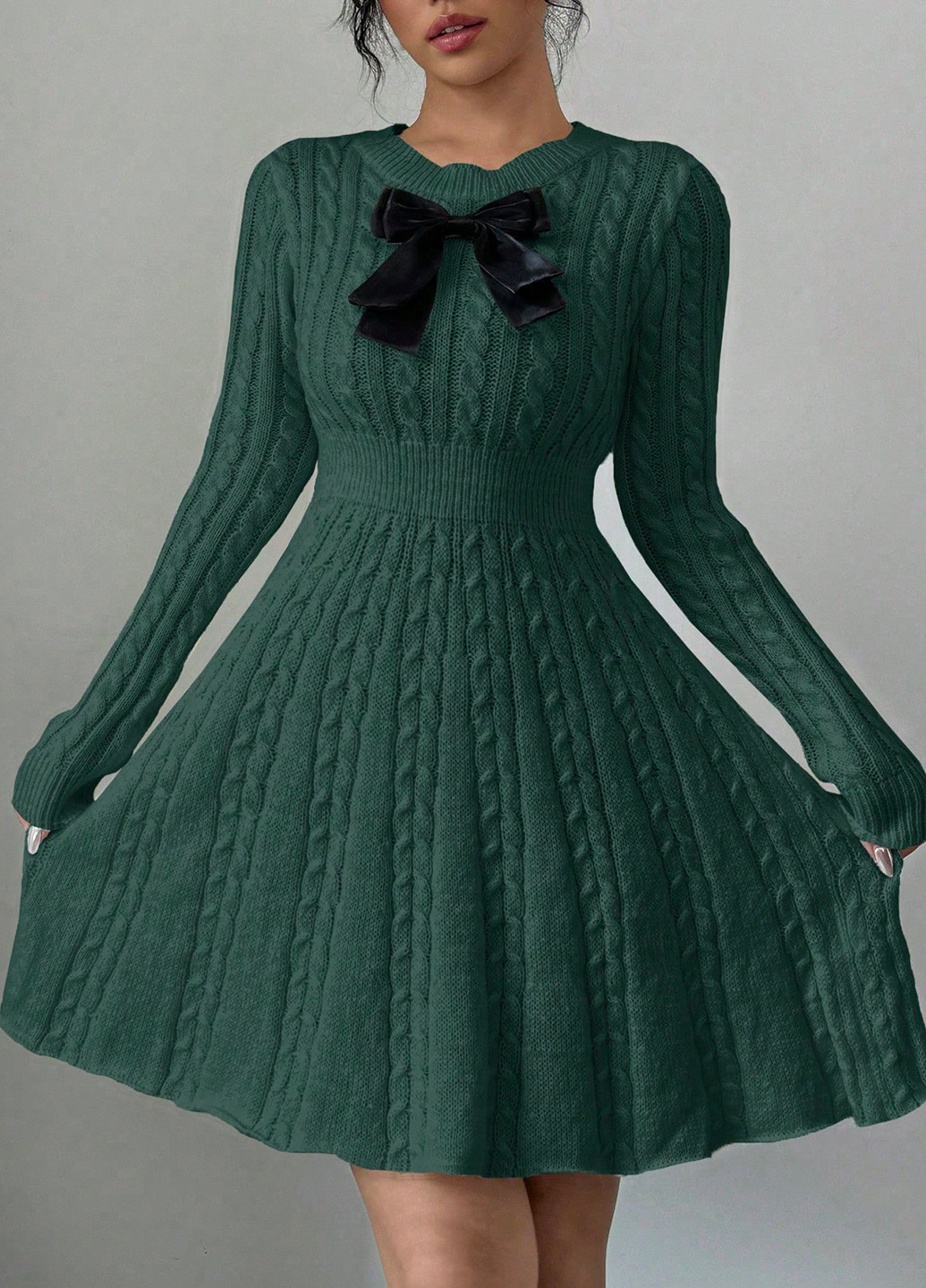 Темно-зеленое праздничный, вечернее, кэжуал платье клеш, а-силуэт, платье-свитер SHEIN однотонное