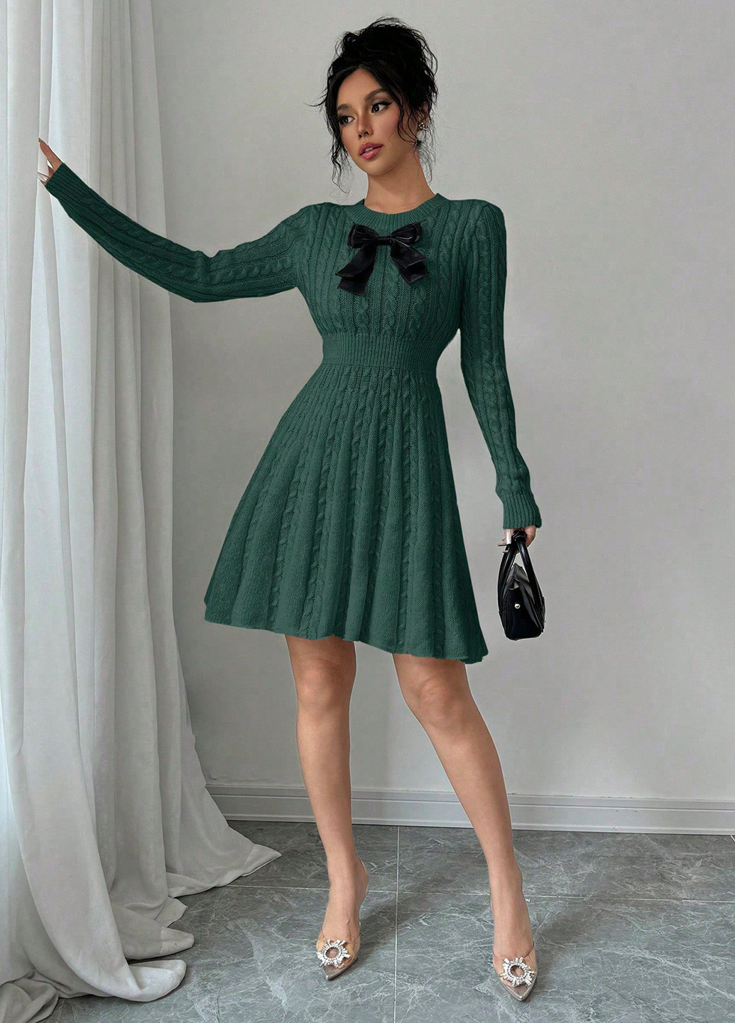 Темно-зеленое праздничный, вечернее, кэжуал платье клеш, а-силуэт, платье-свитер SHEIN однотонное