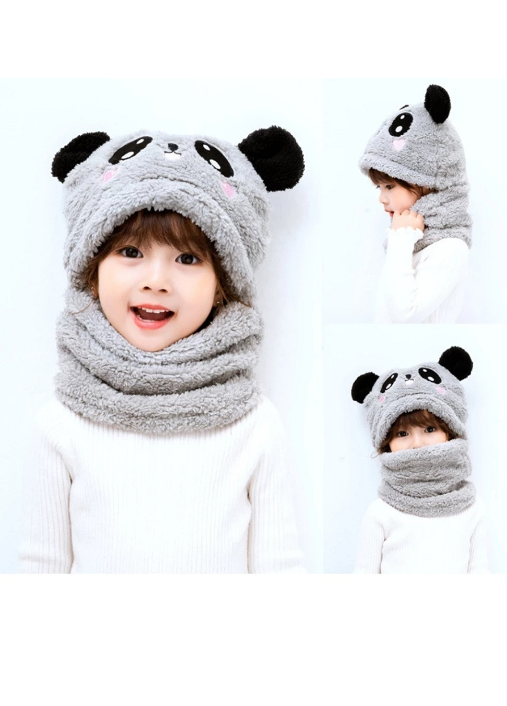 Дитячий Снуд Панда з вушками Мишка тепла шапка-шарф 2 в 1 зимова шапка-шолом балаклава унісекс Коричневий NoName шапка (250441832)