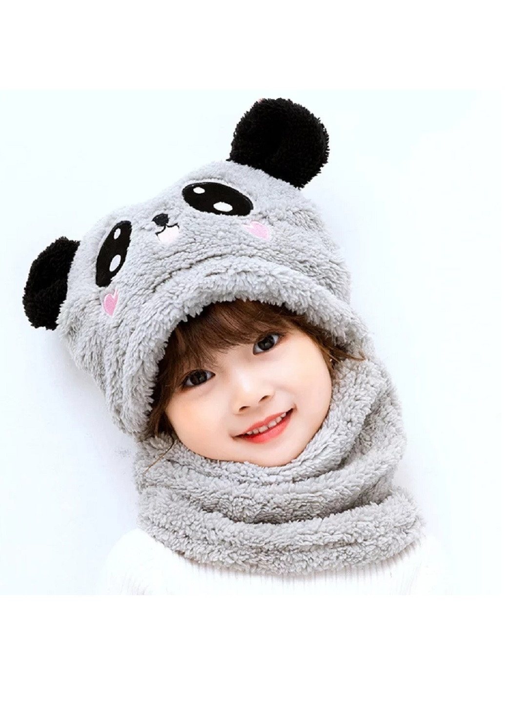Дитячий Снуд Панда з вушками Мишка тепла шапка-шарф 2 в 1 зимова шапка-шолом балаклава унісекс Коричневий NoName шапка (250441832)