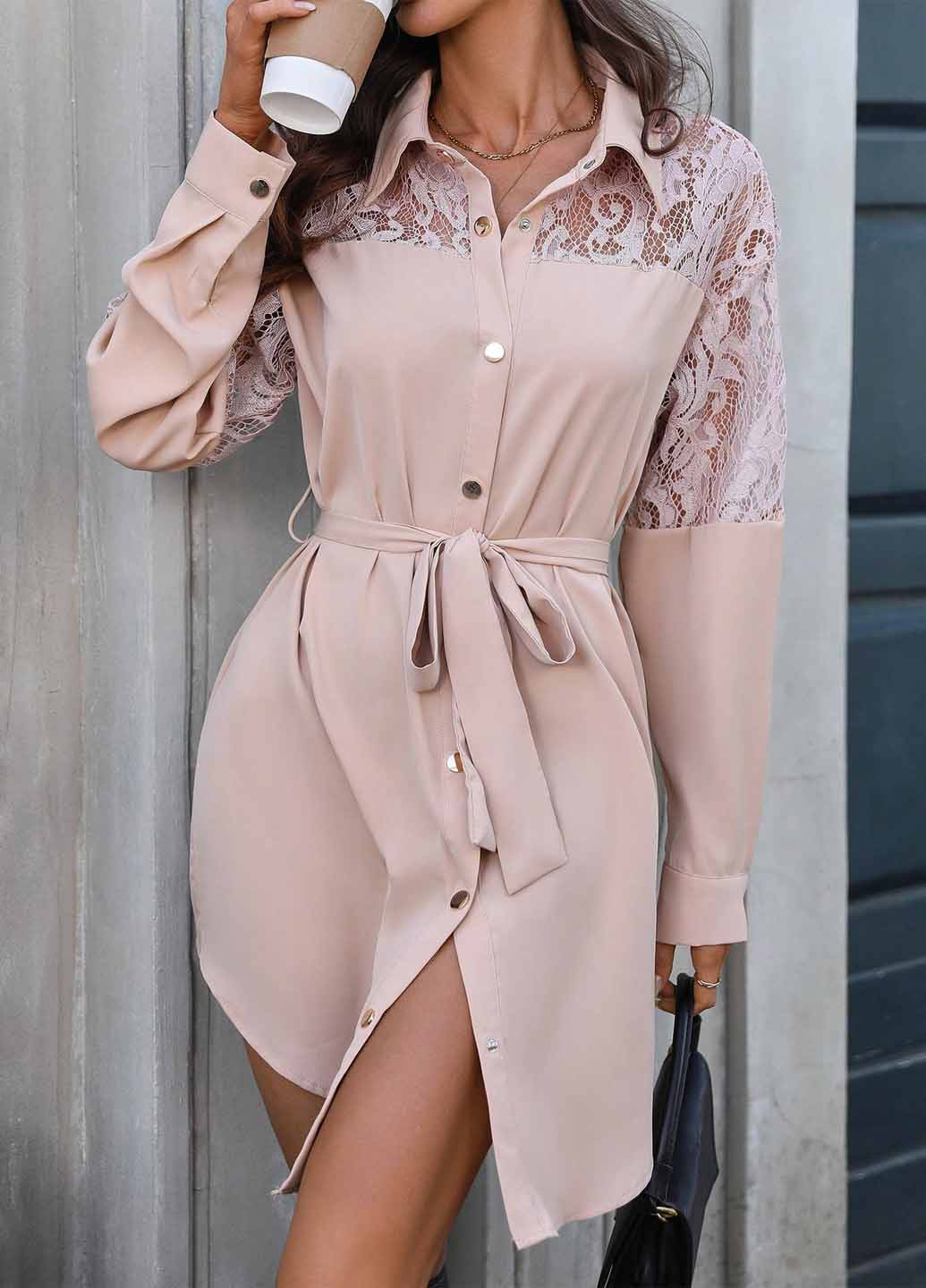 Пудровое вечернее, кэжуал платье рубашка SHEIN однотонное