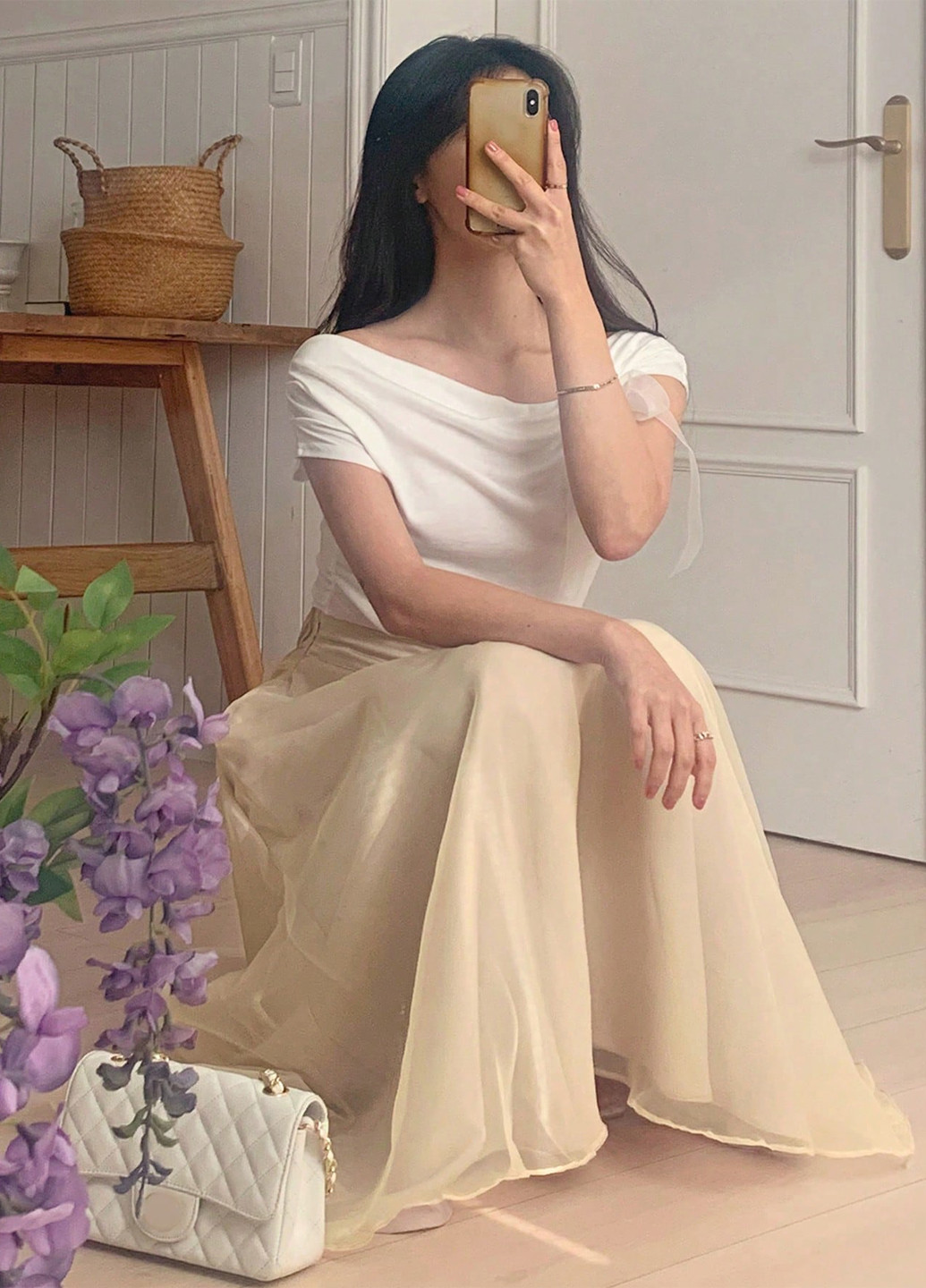 Кремовая праздничный, вечерний однотонная юбка SHEIN а-силуэта (трапеция)