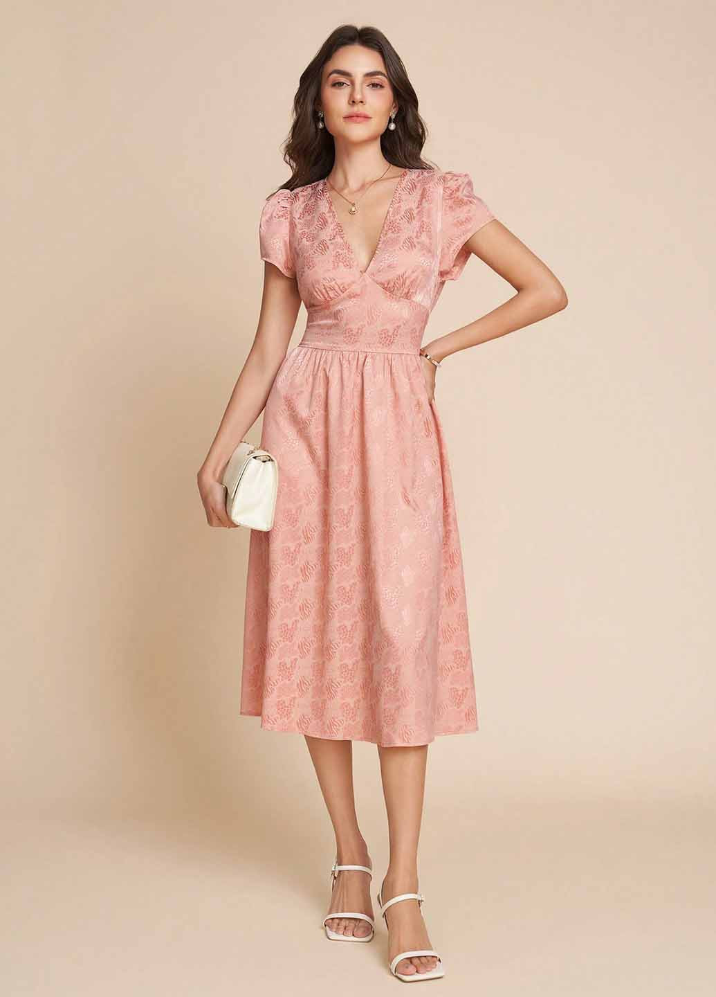 Светло-розовое праздничный, кэжуал платье клеш SHEIN однотонное