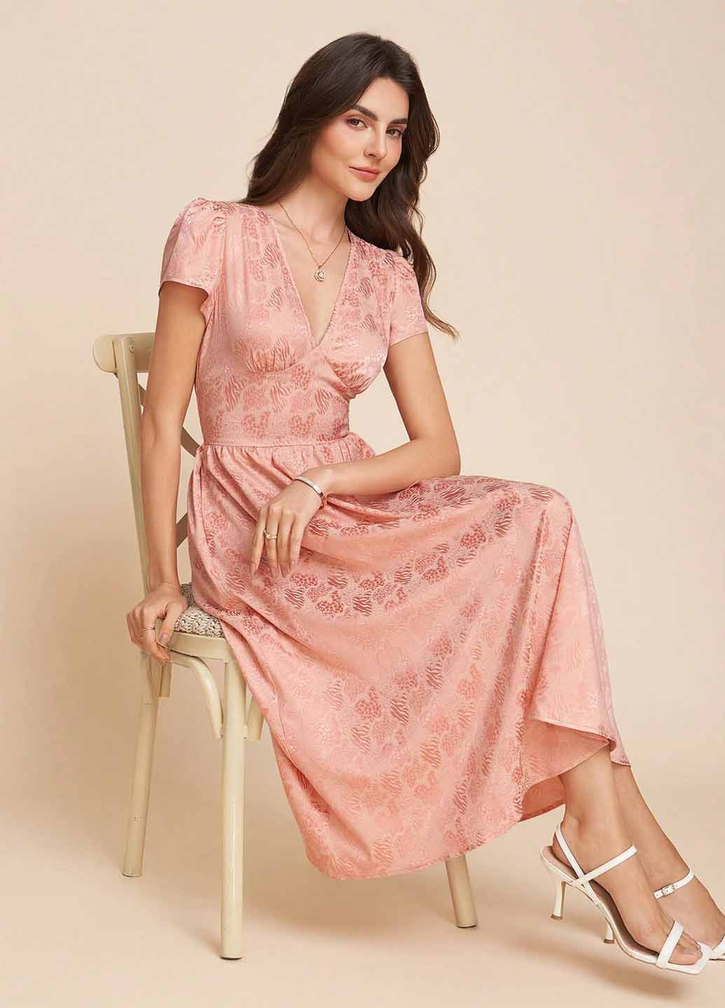 Светло-розовое праздничный, кэжуал платье клеш SHEIN однотонное