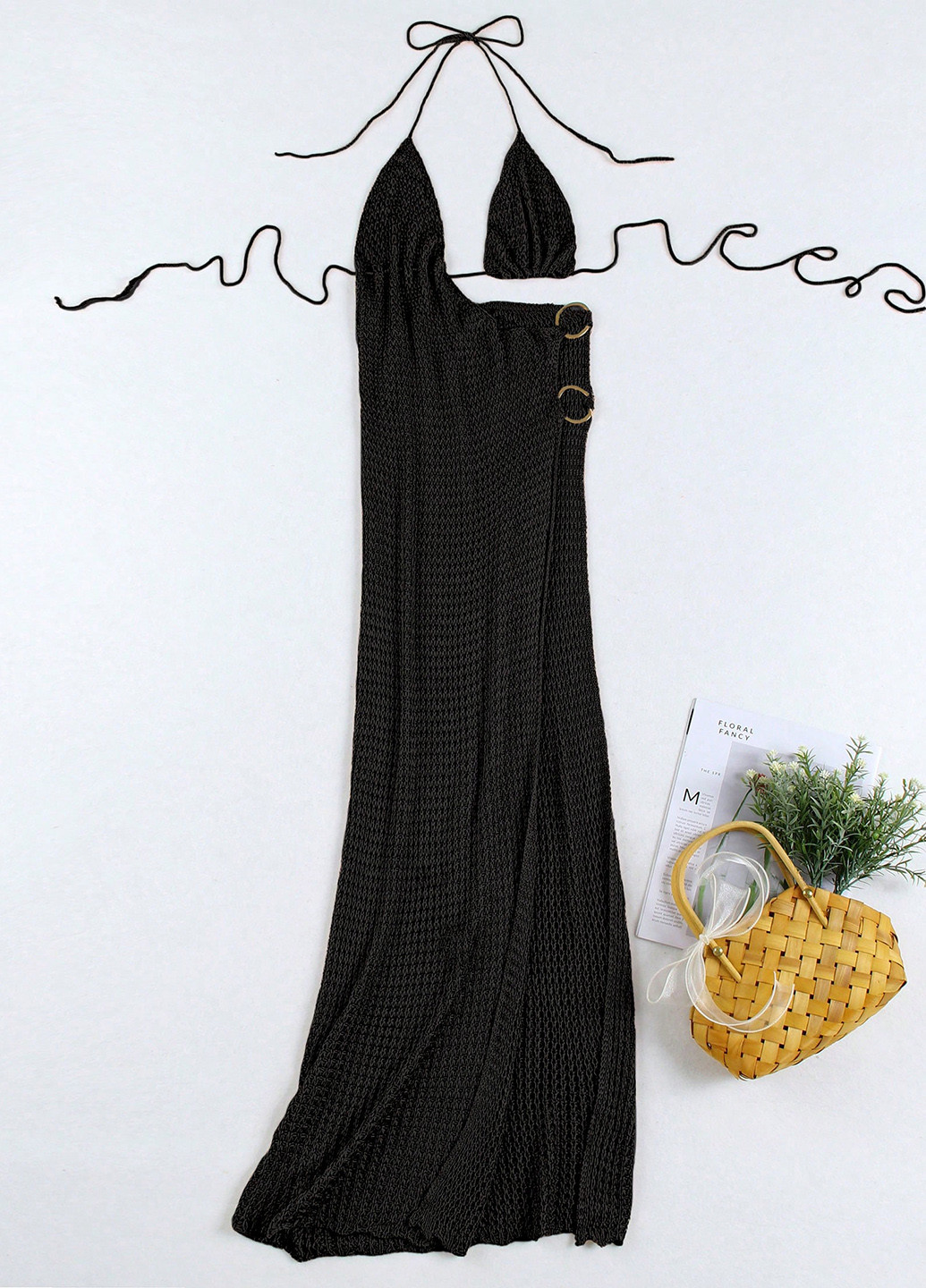 Черное пляжное платье с открытой спиной SHEIN однотонное