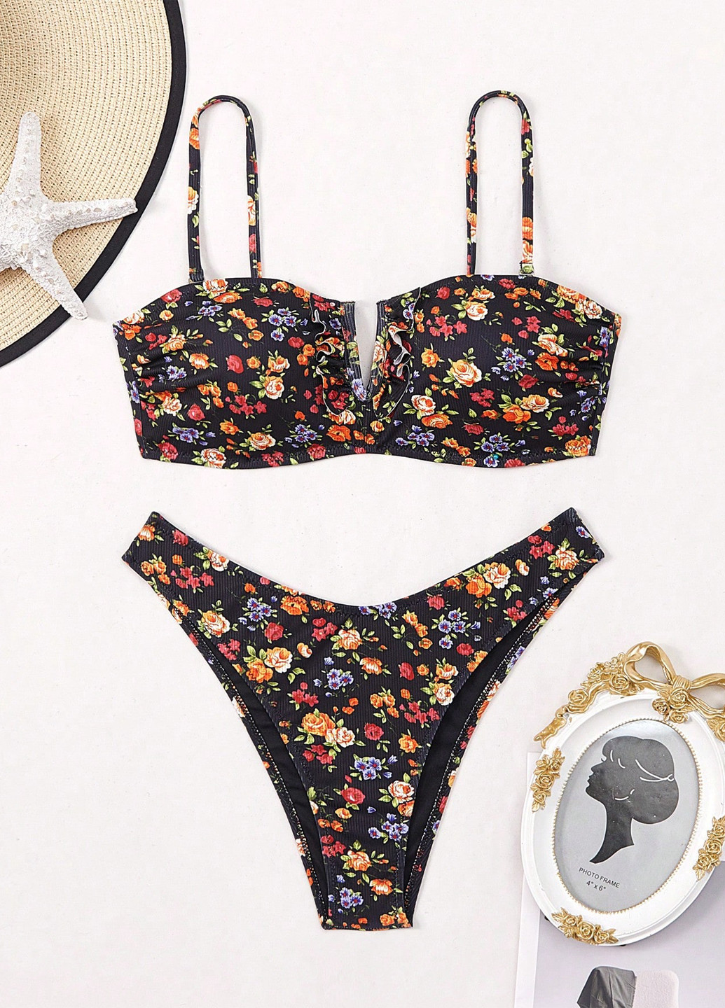 Черный летний купальник (лиф, трусики) бандо, раздельный SHEIN