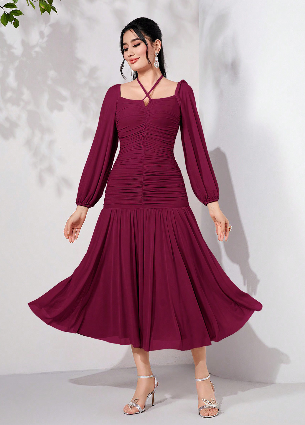 Розовое кэжуал платье плиссированное SHEIN однотонное