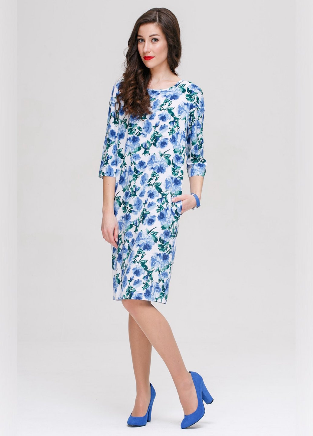 Комбинированное кэжуал платье элеонор лен цветы голубые Jet