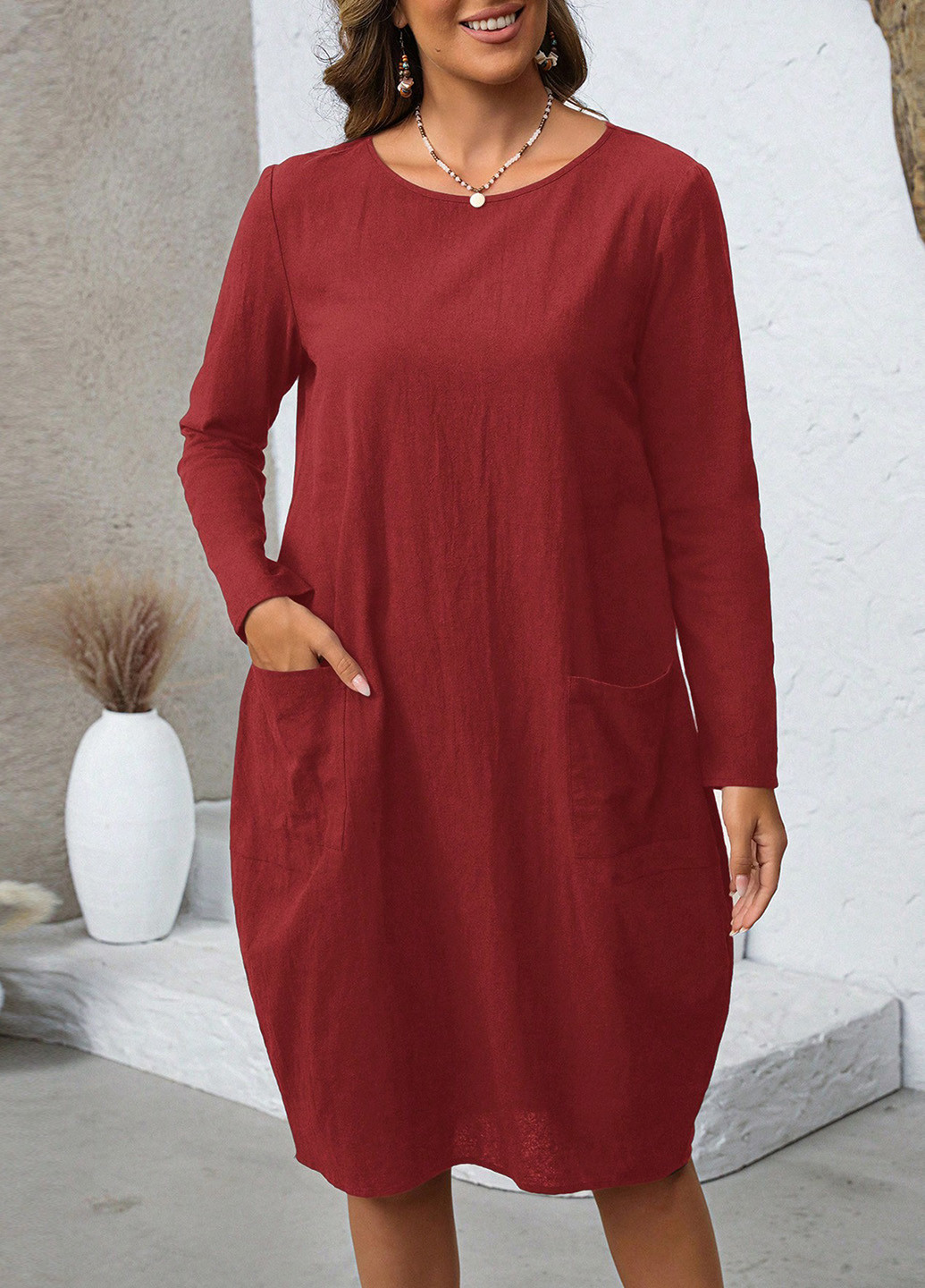 Бордовое кэжуал платье SHEIN однотонное