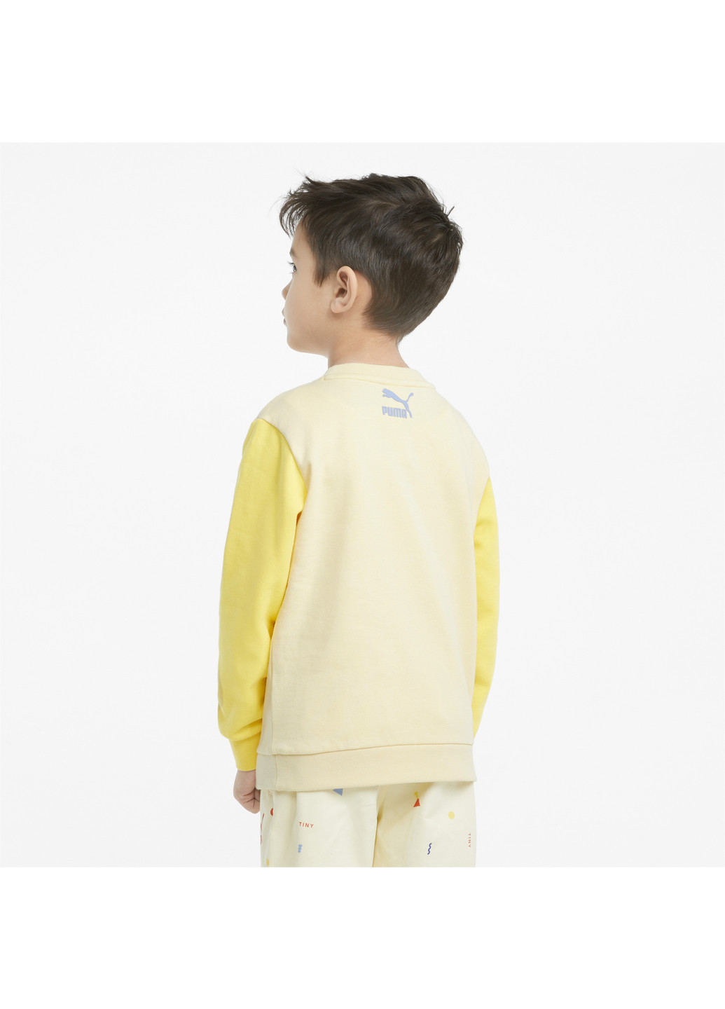 Детский свитшот x TINY Colourblocked Crew Kids' Sweatshirt Puma однотонная жёлтая спортивная хлопок, эластан