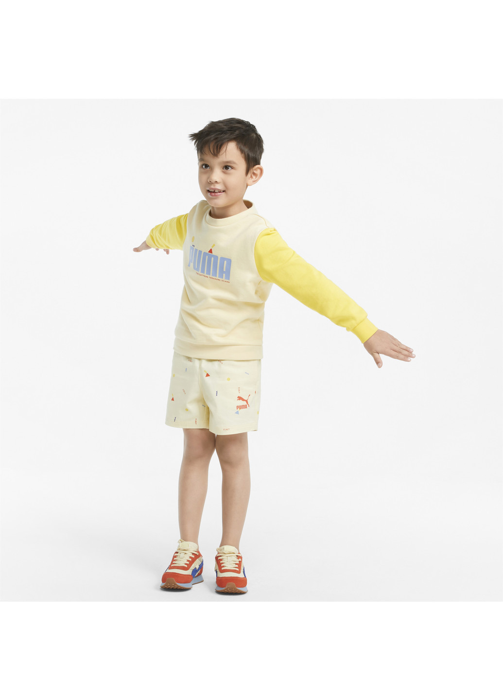 Детский свитшот x TINY Colourblocked Crew Kids' Sweatshirt Puma однотонная жёлтая спортивная хлопок, эластан