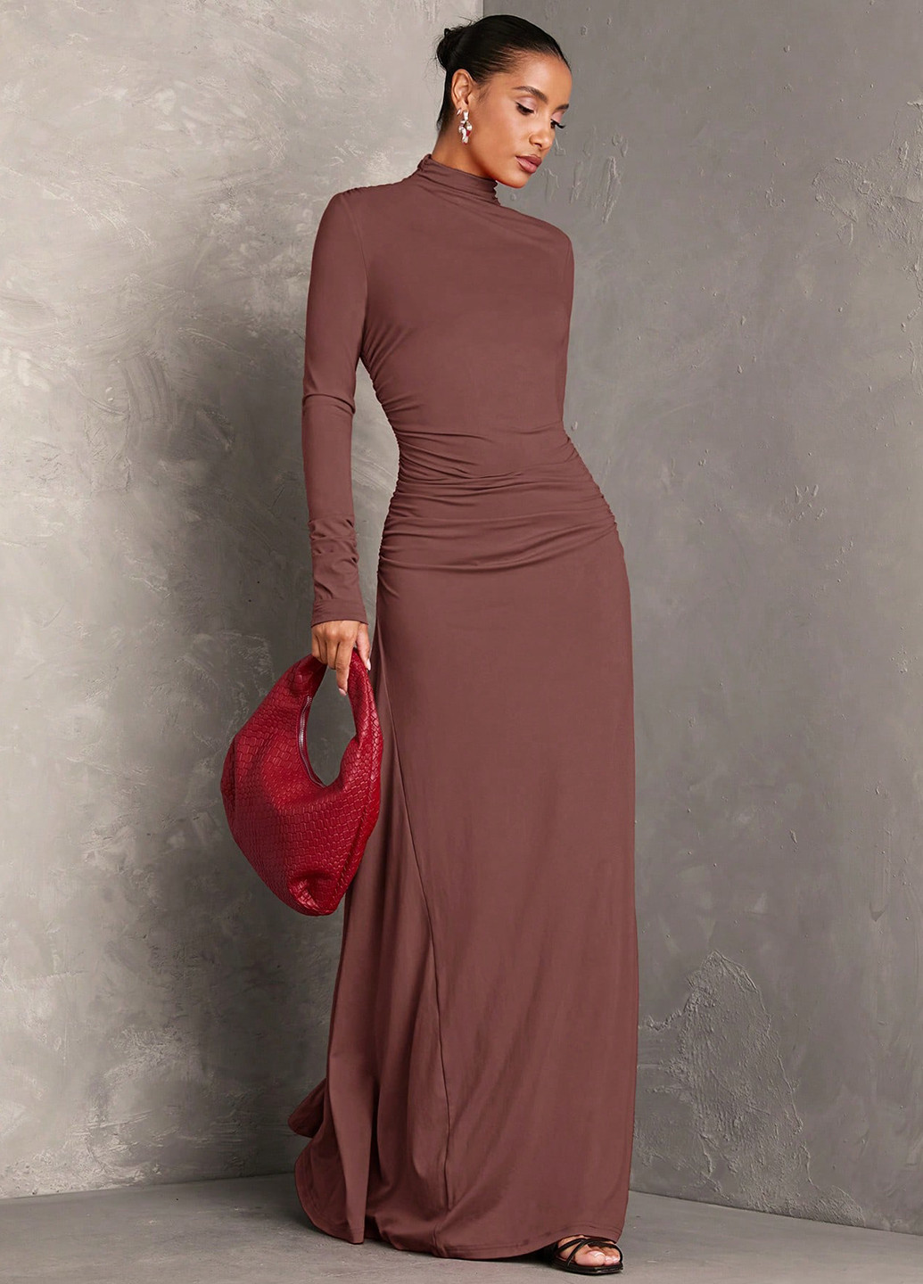 Коричневое праздничный, вечернее, кэжуал платье платье-водолазка, а-силуэт SHEIN однотонное