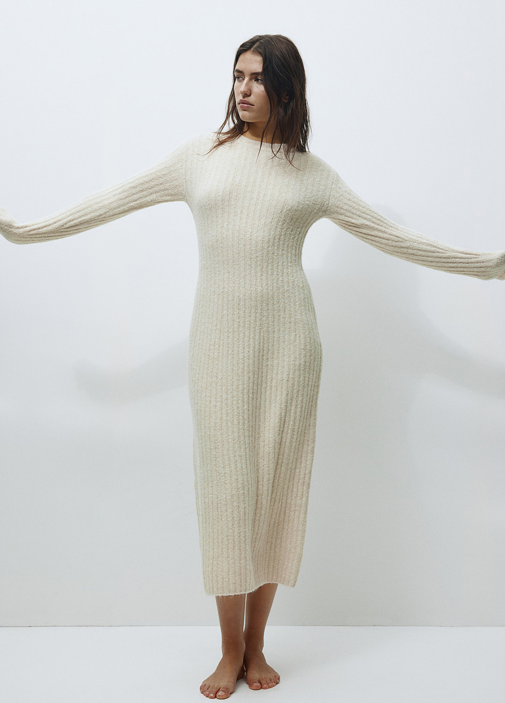 Молочна кежуал сукня силуетна, сукня светр, кльош H&M однотонна