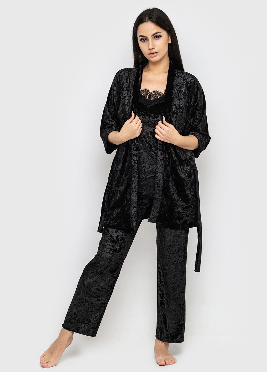 Чорний демісезонний комплект (майка, штани, халат) Ghazel