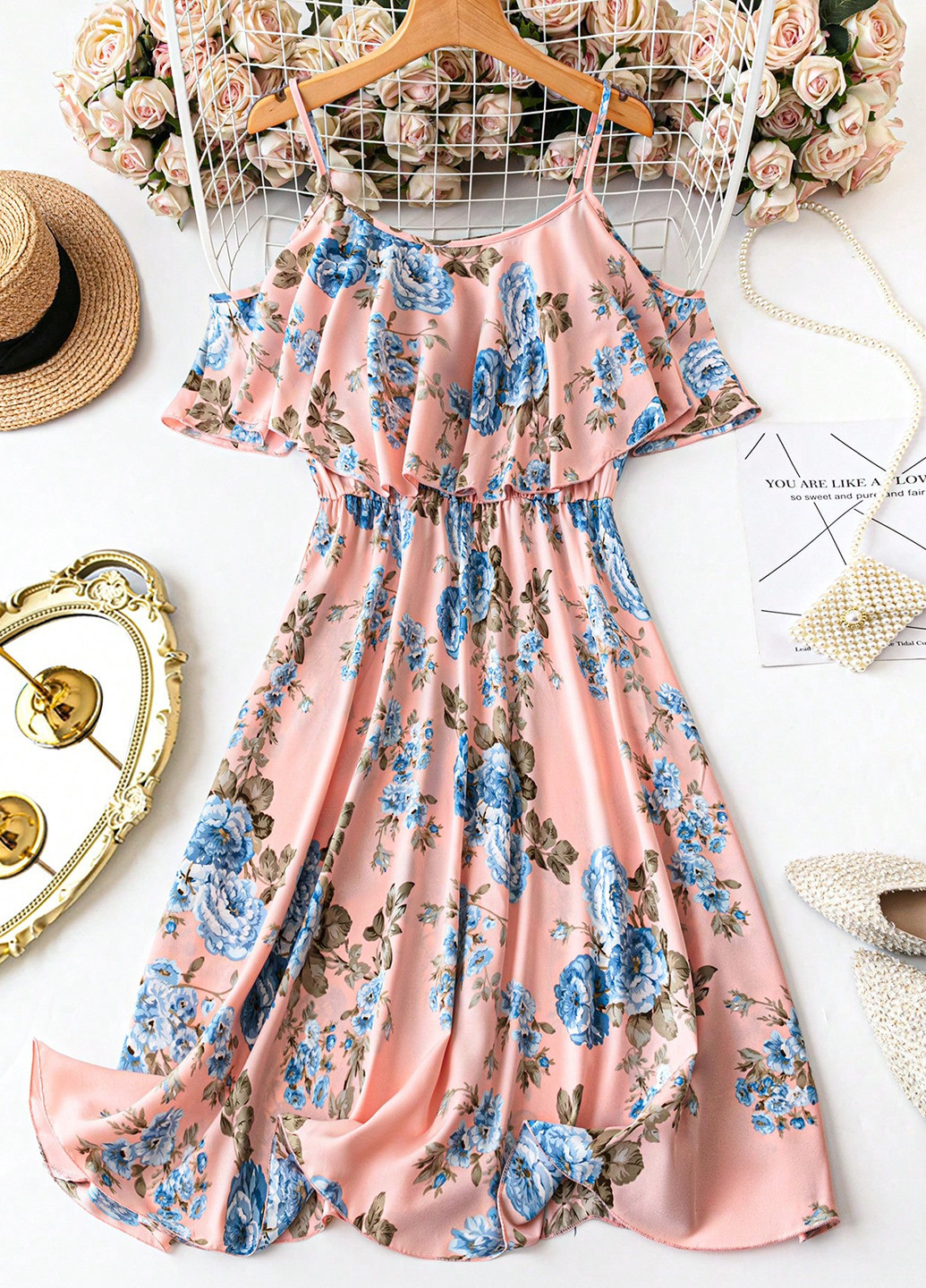 Комбінована кежуал сукня кльош, з відкритими плечима SHEIN з квітковим принтом