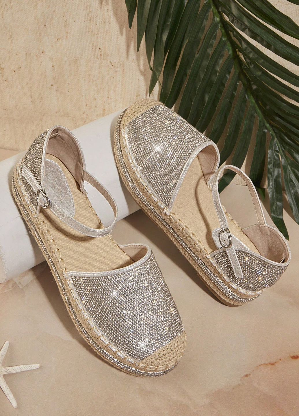 Срібні еспадрилі SHEIN колор блок стрази, джут (322813007)