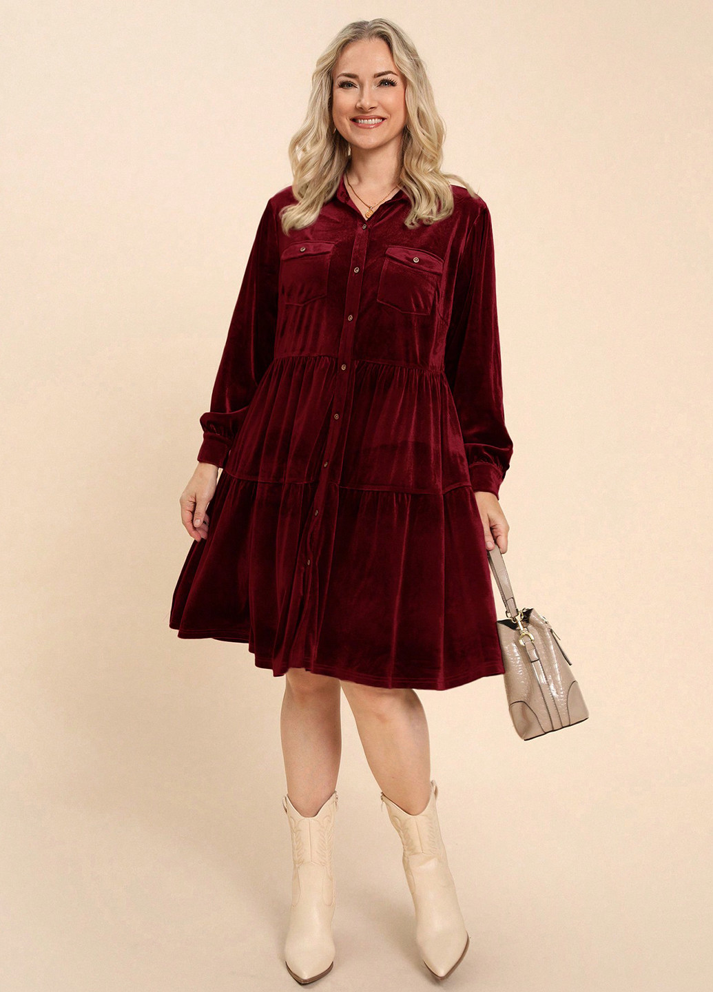 Бордова кежуал сукня а-силует, сукня-сорочка SHEIN однотонна