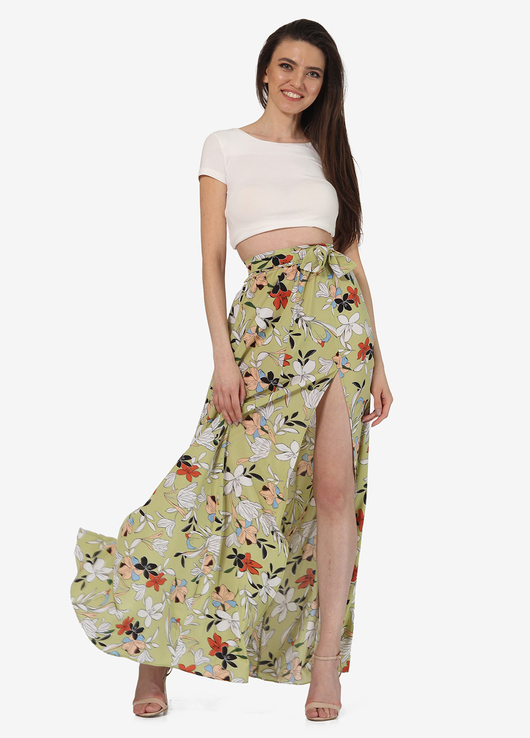 Салатовая кэжуал цветочной расцветки юбка Lila Kass а-силуэта (трапеция)
