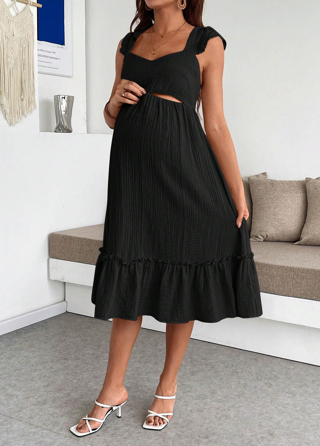 Черное кэжуал платье для беременных с открытой спиной SHEIN однотонное