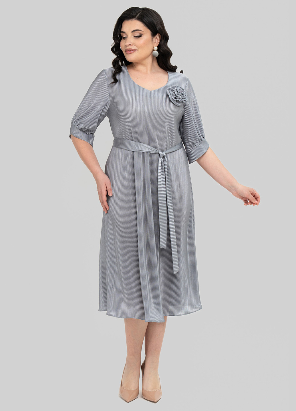 Серое кэжуал платье клеш, плиссированное A'll Posa однотонное