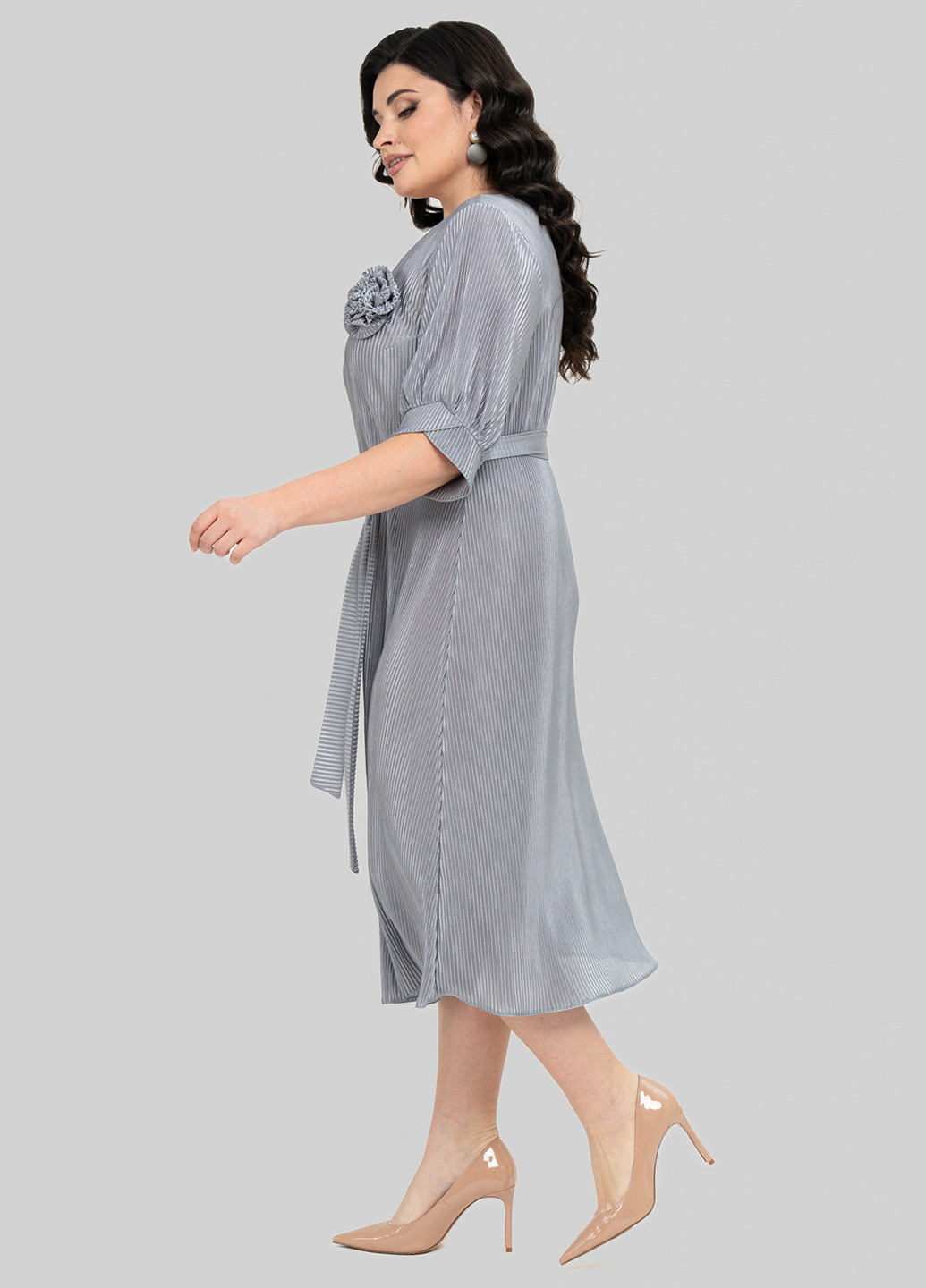 Серое кэжуал платье клеш, плиссированное A'll Posa однотонное