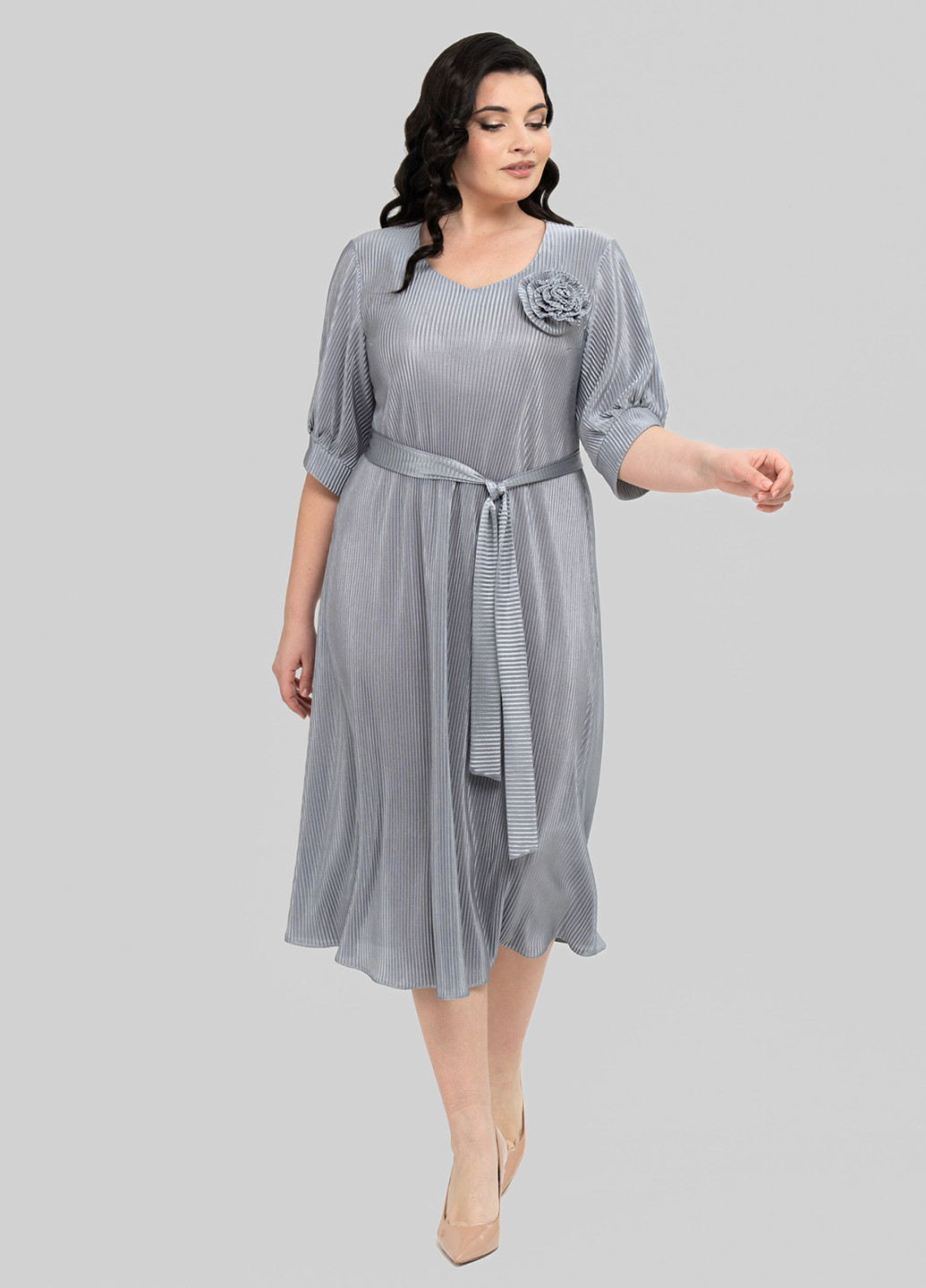 Серое кэжуал платье клеш, плиссированное A'll Posa однотонное