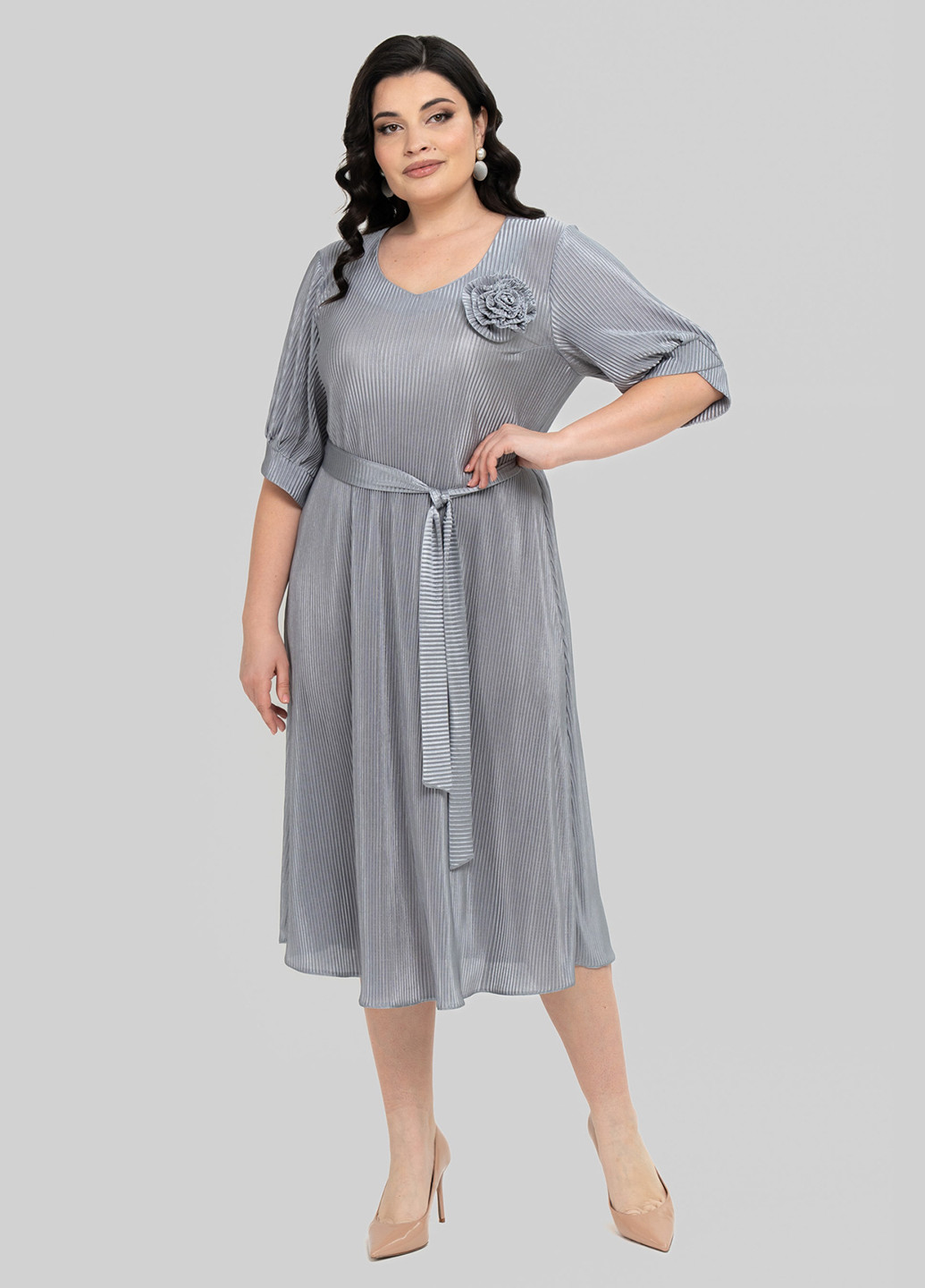 Серое кэжуал платье клеш, плиссированное A'll Posa однотонное