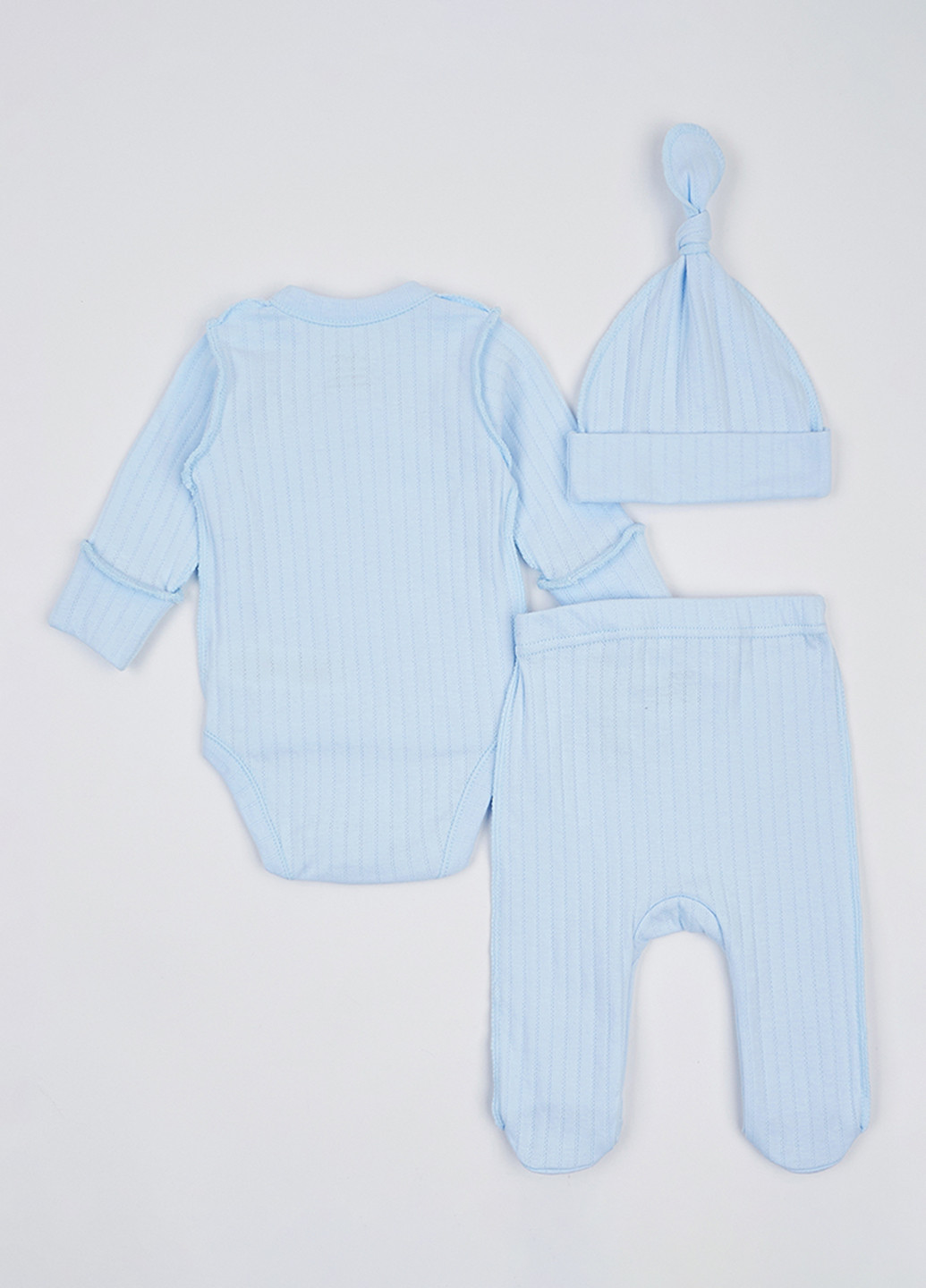 Блакитний демісезонний комплект (шапка, боді, повзунки) KRAKO