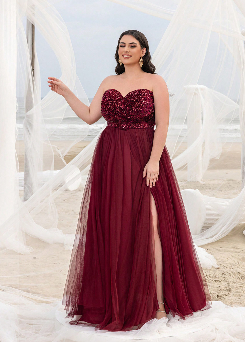 Бордовое вечернее платье пачка SHEIN однотонное