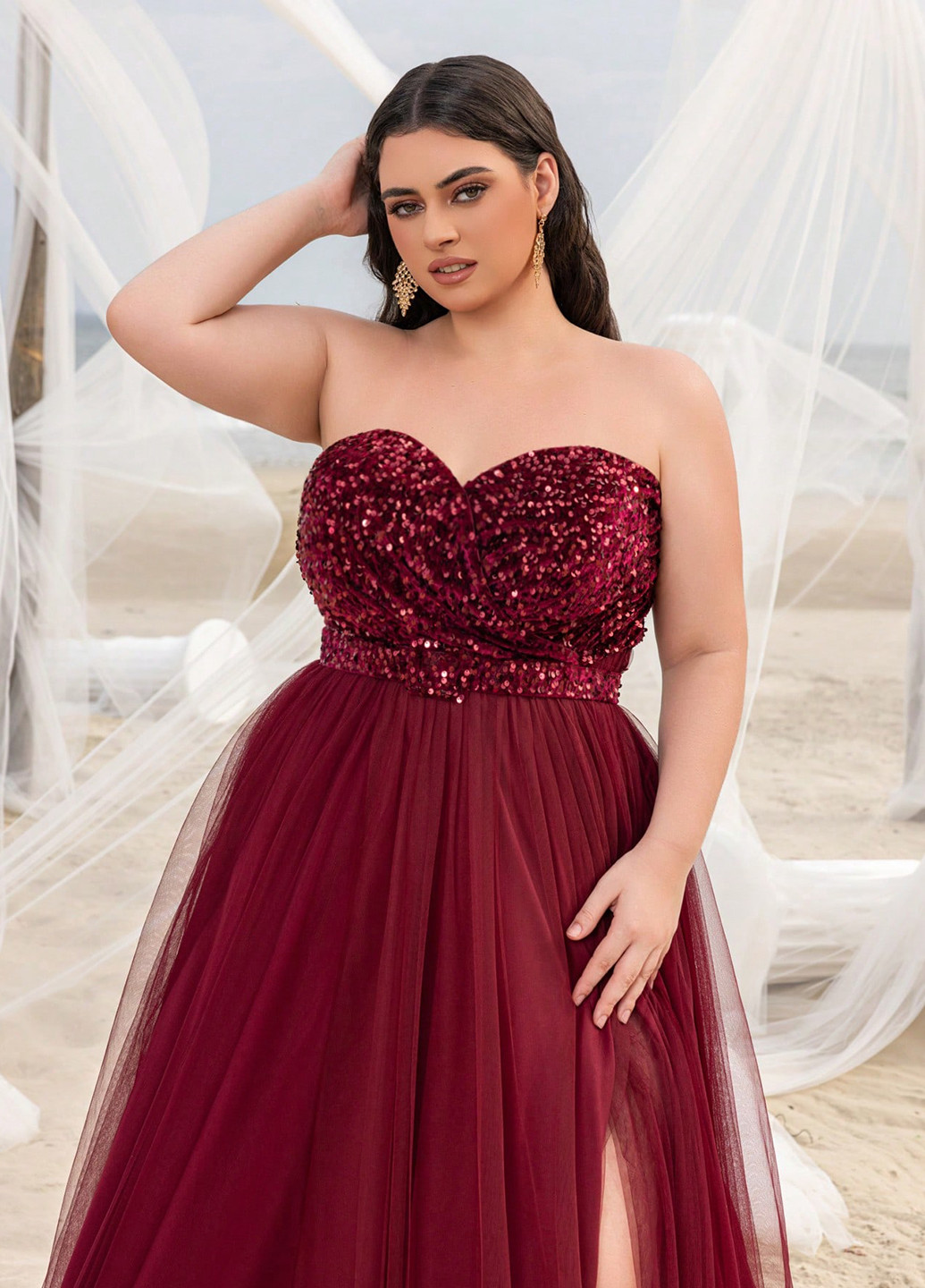 Бордовое вечернее платье пачка SHEIN однотонное