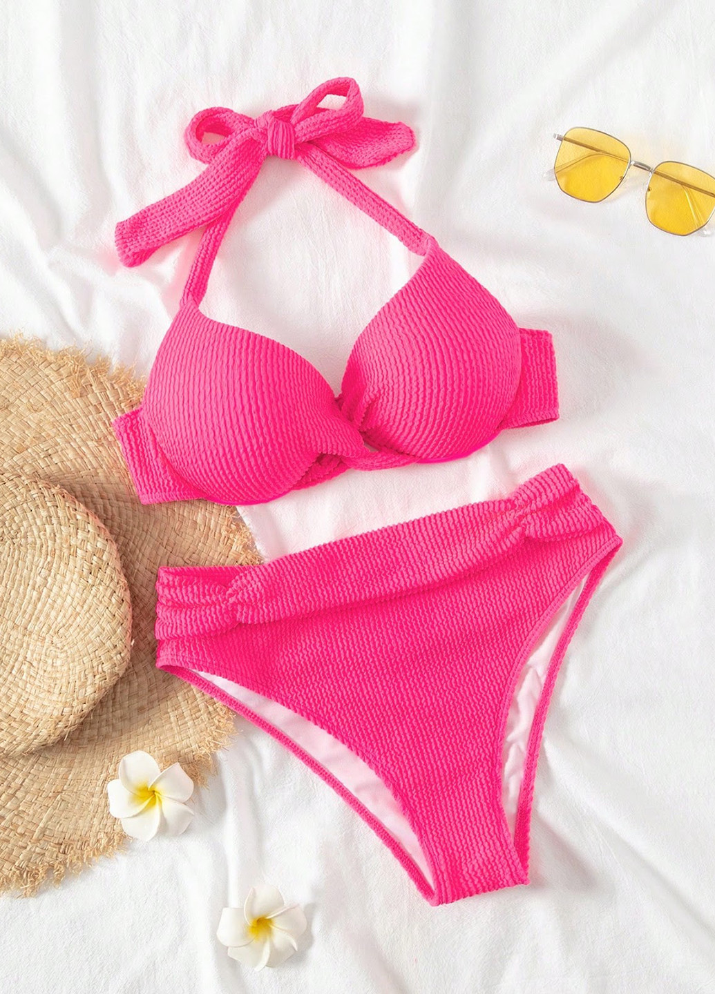 Фуксиновый летний купальник (лиф, трусики) халтер, раздельный SHEIN