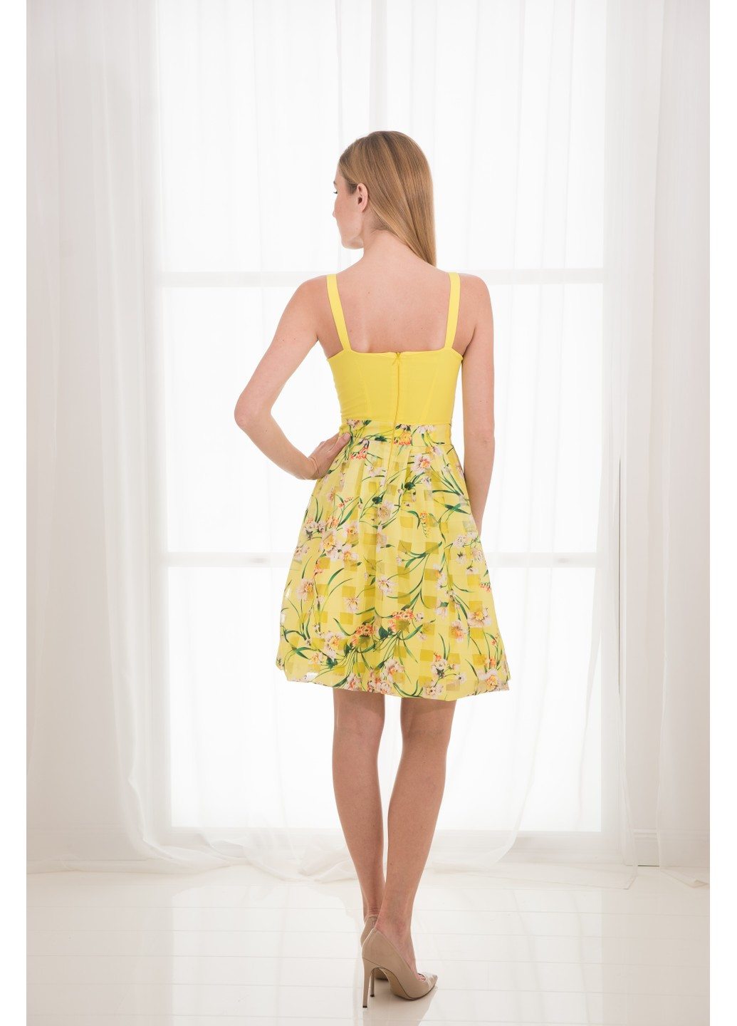 Желтое повседневный платье наоми клеш, с открытой спиной, с открытыми плечами, баллон BYURSE с цветочным принтом