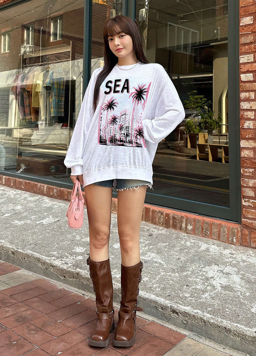 Білий світшот SHEIN малюнок без декору (332312752)