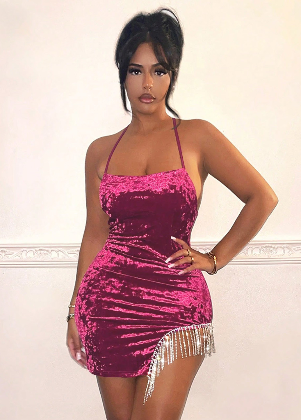 Фуксиновое (цвета Фуксия) вечернее платье силуэтная, с открытой спиной SHEIN однотонное