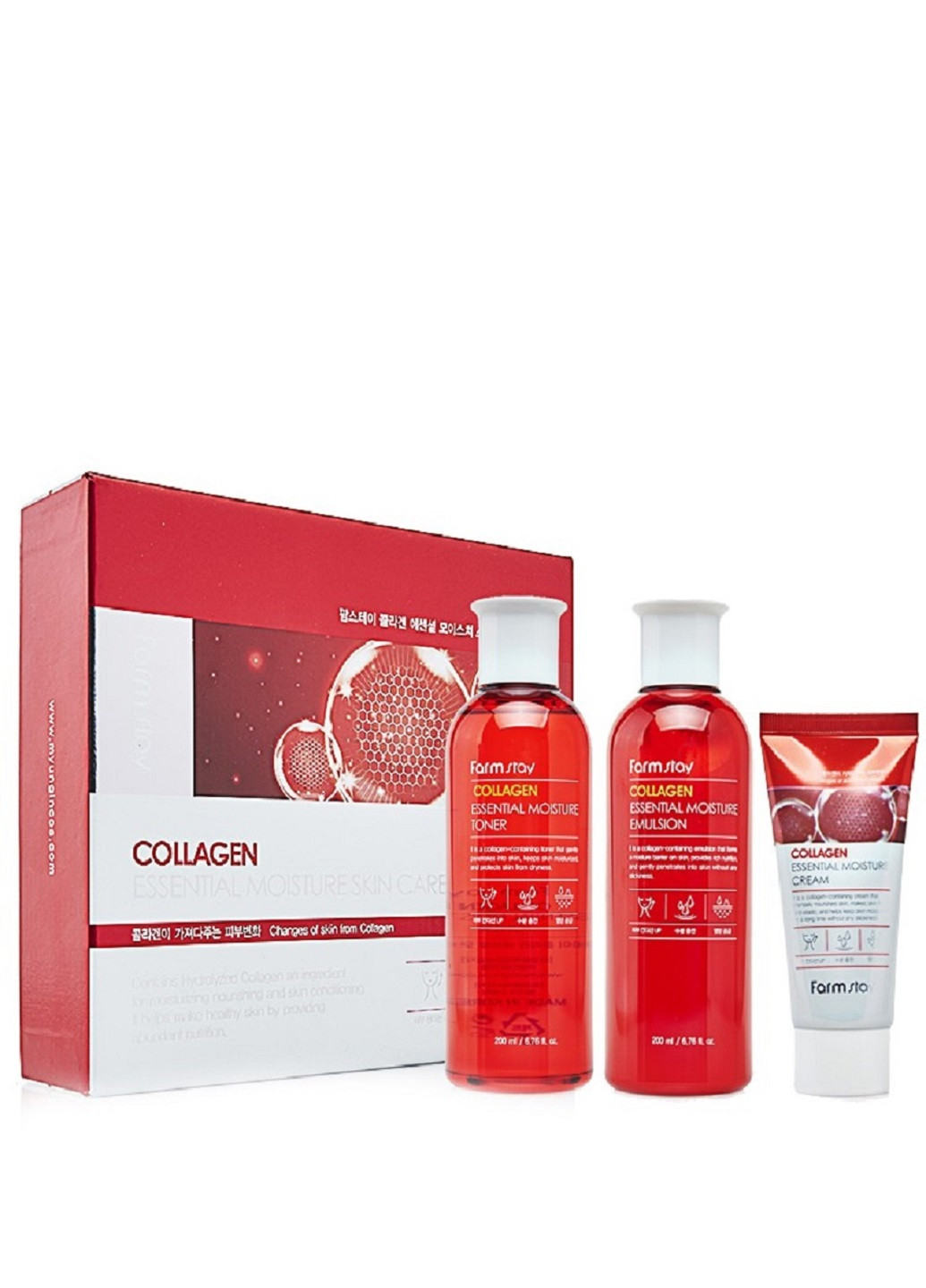 Набір для обличчя на основі колагену Collagen Essential Moisture Skin Care 3 Set, 200 мл + 200 мл + 50 мл FarmStay (220889914)