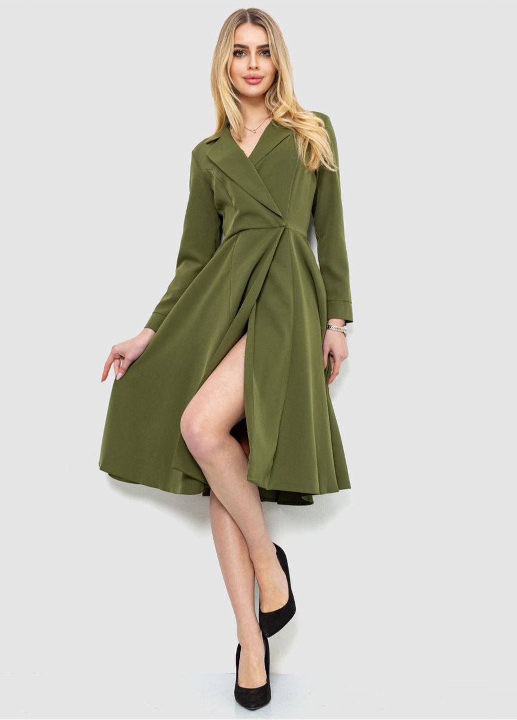 Оливковое кэжуал платье на запах, клеш, платье-жакет Ager однотонное