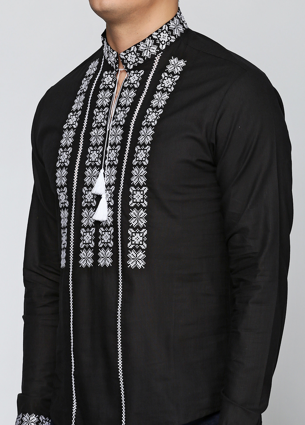 Черная кэжуал рубашка с орнаментом ЕтноМодерн с длинным рукавом