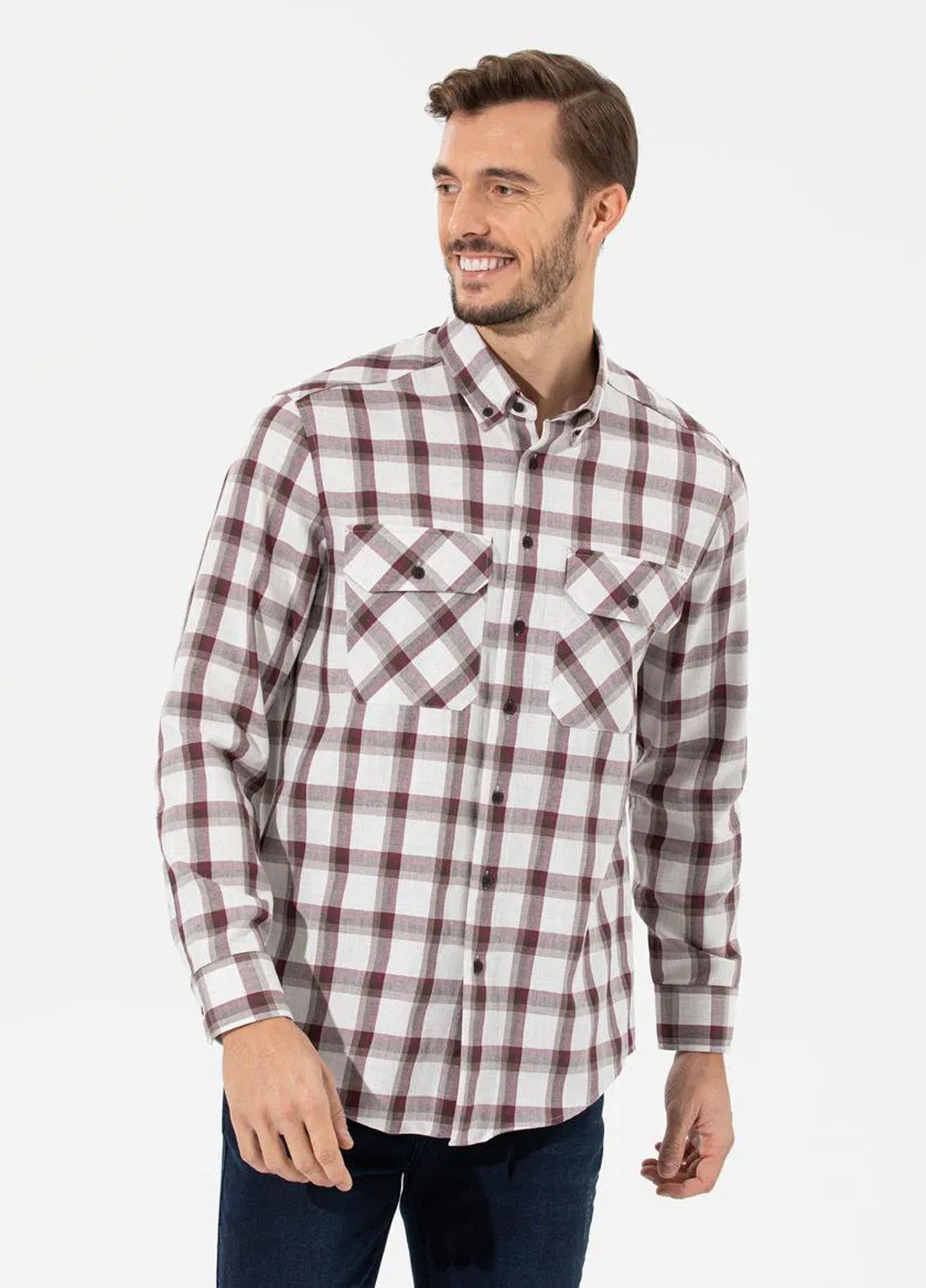 Бордовая кэжуал рубашка в клетку Pierre Cardin